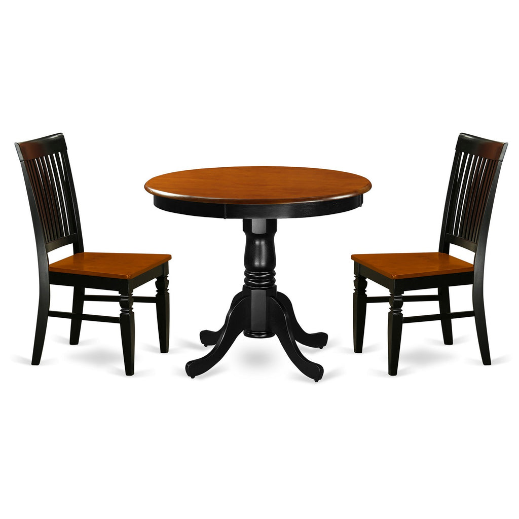 East West Furniture ANWE3-BCH-W 3 Piece Dining Set Contains a Round Dining Room Table with Pedestal and 2 Wood Seat Chairs, 36x36 Inch, Black & Cherry