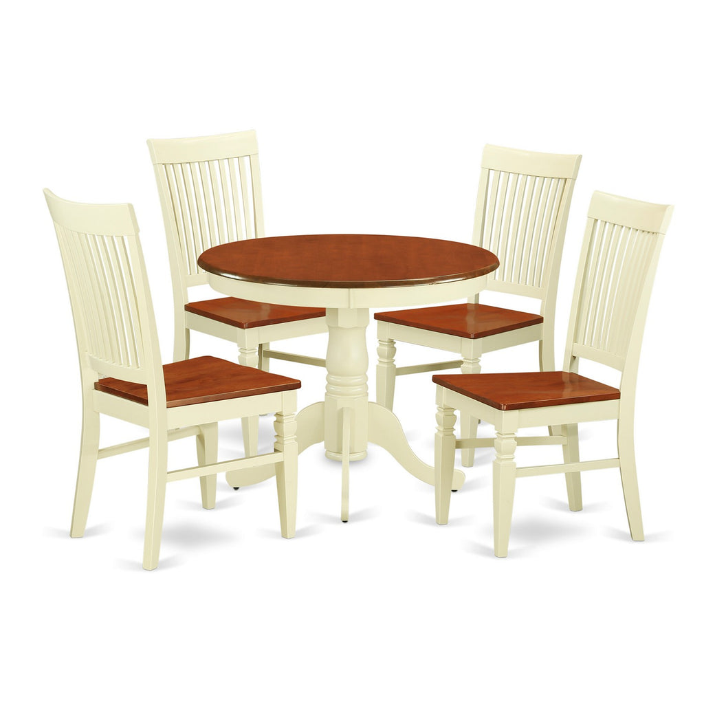 East West Furniture ANWE5-BMK-W 5 Piece Dining Room Table Set Includes a Round Wooden Table with Pedestal and 4 Kitchen Dining Chairs