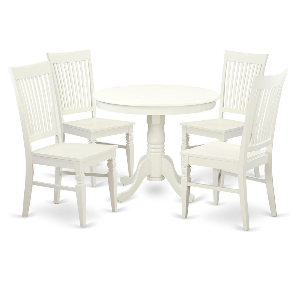 East West Furniture ANWE5-LWH-W 5 Piece Dining Room Table Set Includes a Round Kitchen Table with Pedestal and 4 Dining Chairs, 36x36 Inch, Linen White
