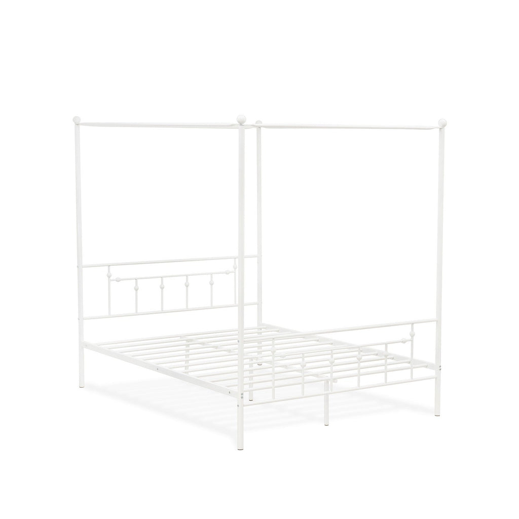 Cama Queen Anniston ATQCWHI de East West Furniture con cabecera y pie de cama de estilo lujoso, estructura de metal con dosel y recubrimiento en polvo blanco.