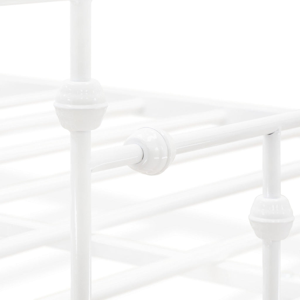 Cama Queen Anniston ATQCWHI de East West Furniture con cabecera y pie de cama de estilo lujoso, estructura de metal con dosel y recubrimiento en polvo blanco.