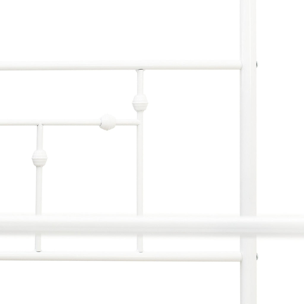 Cama Queen Anniston ATQCWHI de East West Furniture con cabecera y pie de cama de estilo lujoso, estructura de metal con dosel y recubrimiento en polvo blanco.