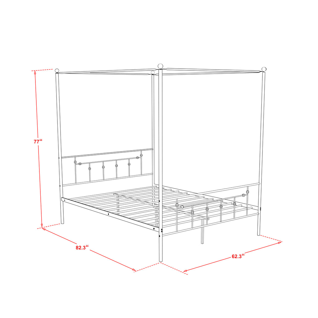 Cama Queen Anniston ATQCWHI de East West Furniture con cabecera y pie de cama de estilo lujoso, estructura de metal con dosel y recubrimiento en polvo blanco.