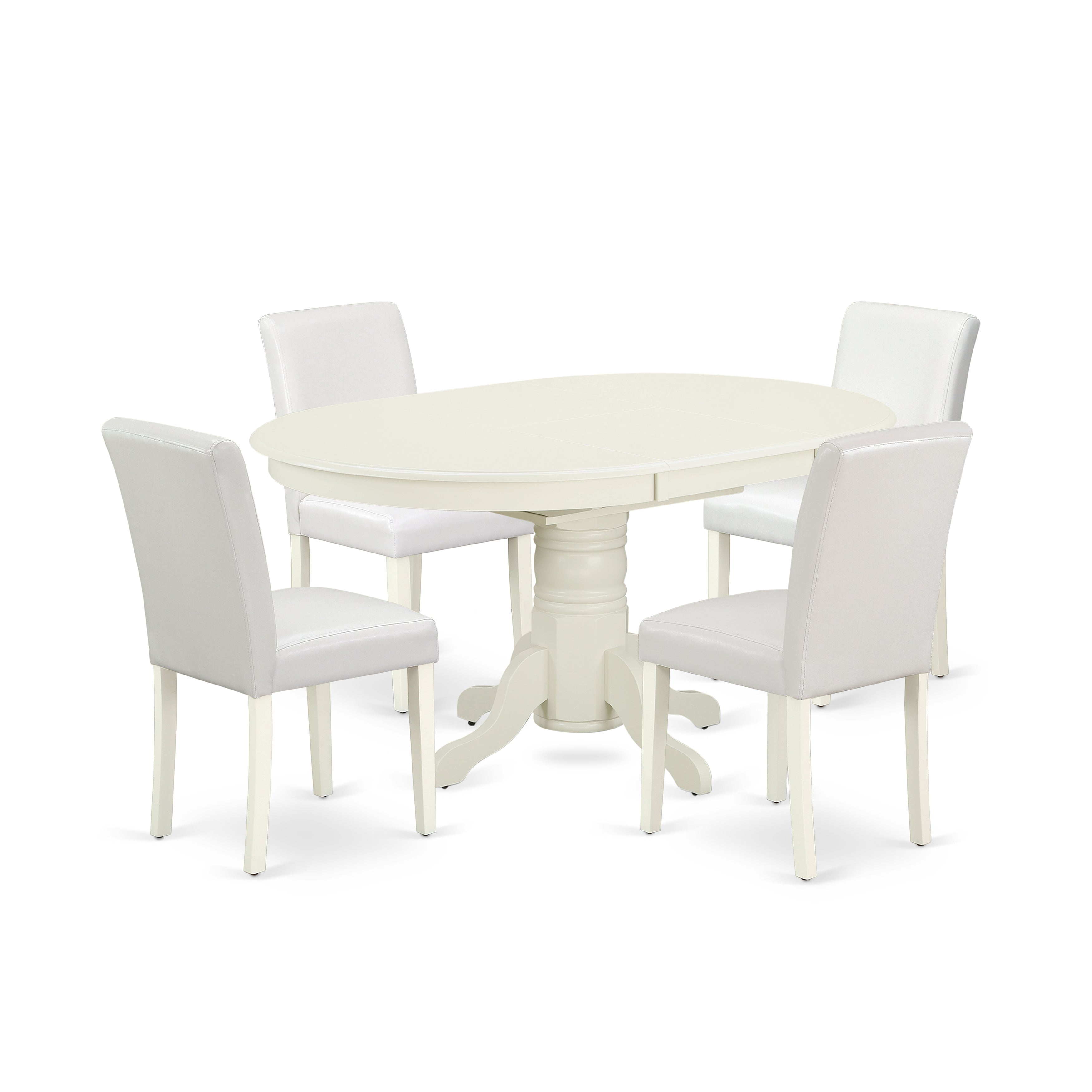 El juego de mesa de comedor de 5 piezas East West Furniture AVAB5-LWH-64 incluye una mesa de cocina ovalada con hojas de mariposa y 4 sillas de comedor Parson de cuero sintético blanco.
