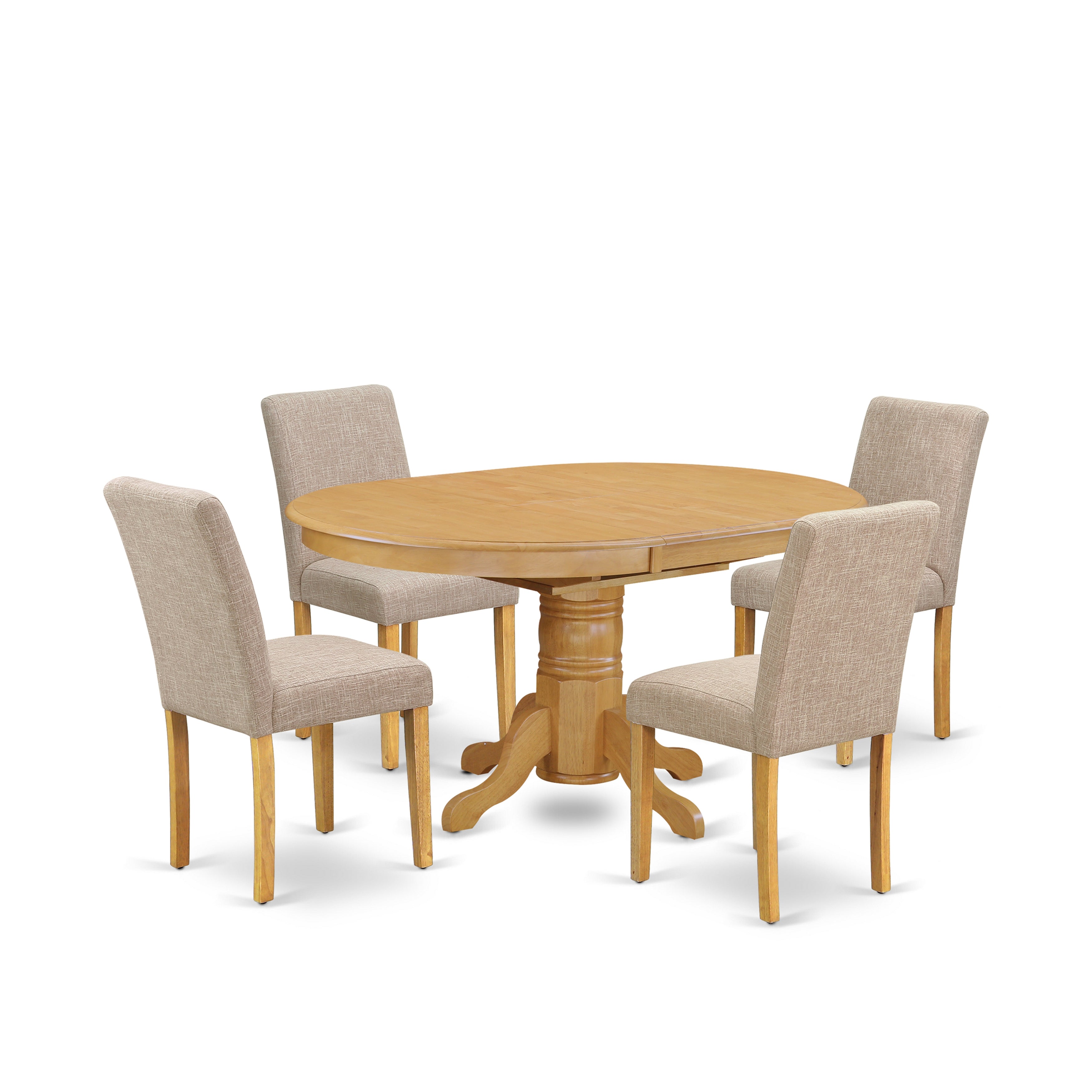 El juego de mesa de comedor de 5 piezas East West Furniture AVAB5-OAK-04 incluye una mesa de cocina ovalada con hojas de mariposa y 4 sillas de comedor Parson de tela de lino color tostado claro.