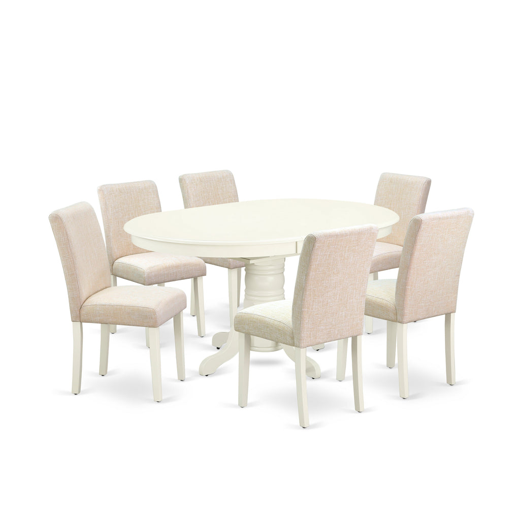 El juego de mesa de comedor East West Furniture AVAB7-LWH-02 de 7 piezas consta de una mesa de cocina ovalada con hojas de mariposa y 6 sillas de comedor Parson de tela de lino beige claro.