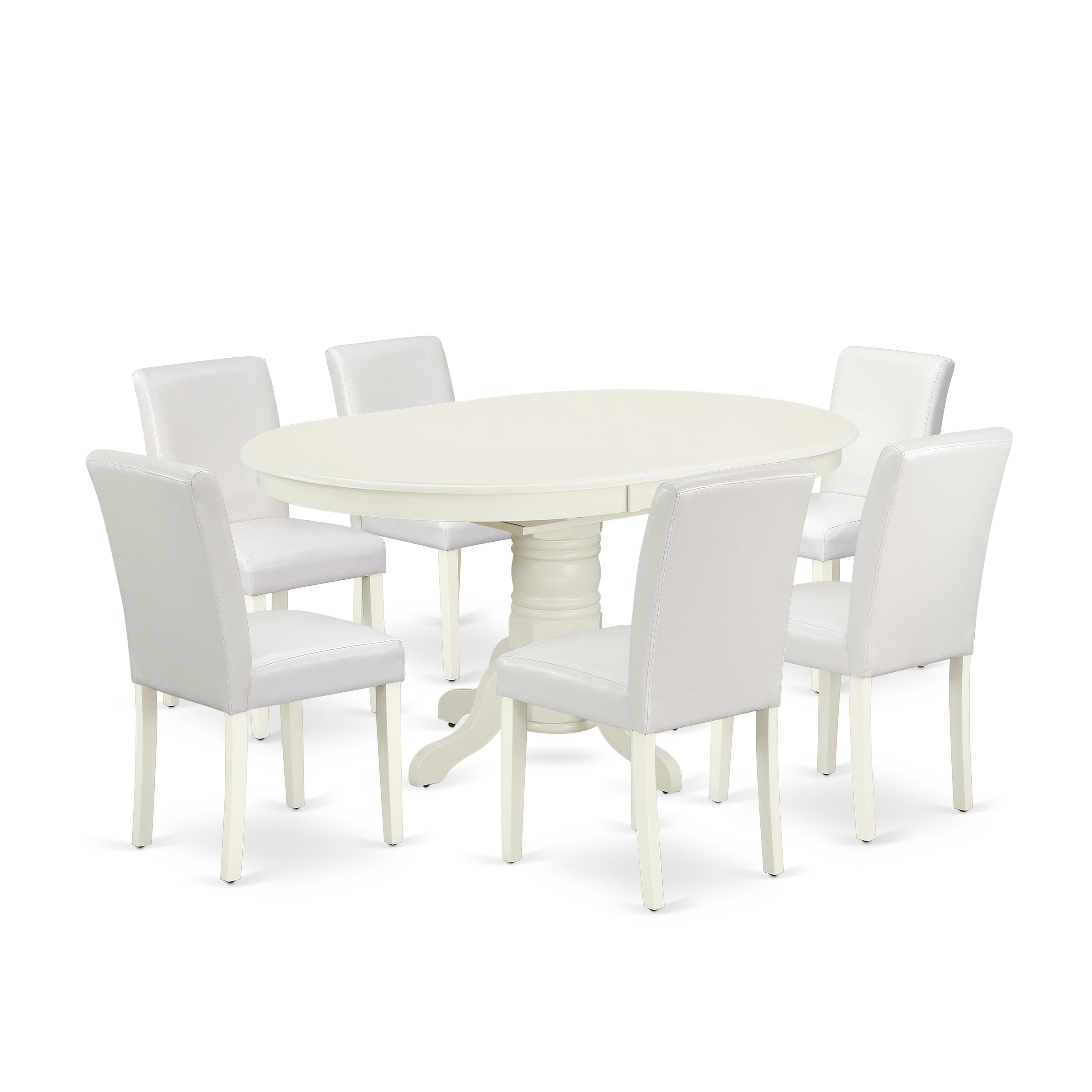 Juego de comedor de 7 piezas East West Furniture AVAB7-LWH-64 compuesto por una mesa ovalada de madera con hojas de mariposa y 6 sillas de comedor Parson de piel sintética blanca.