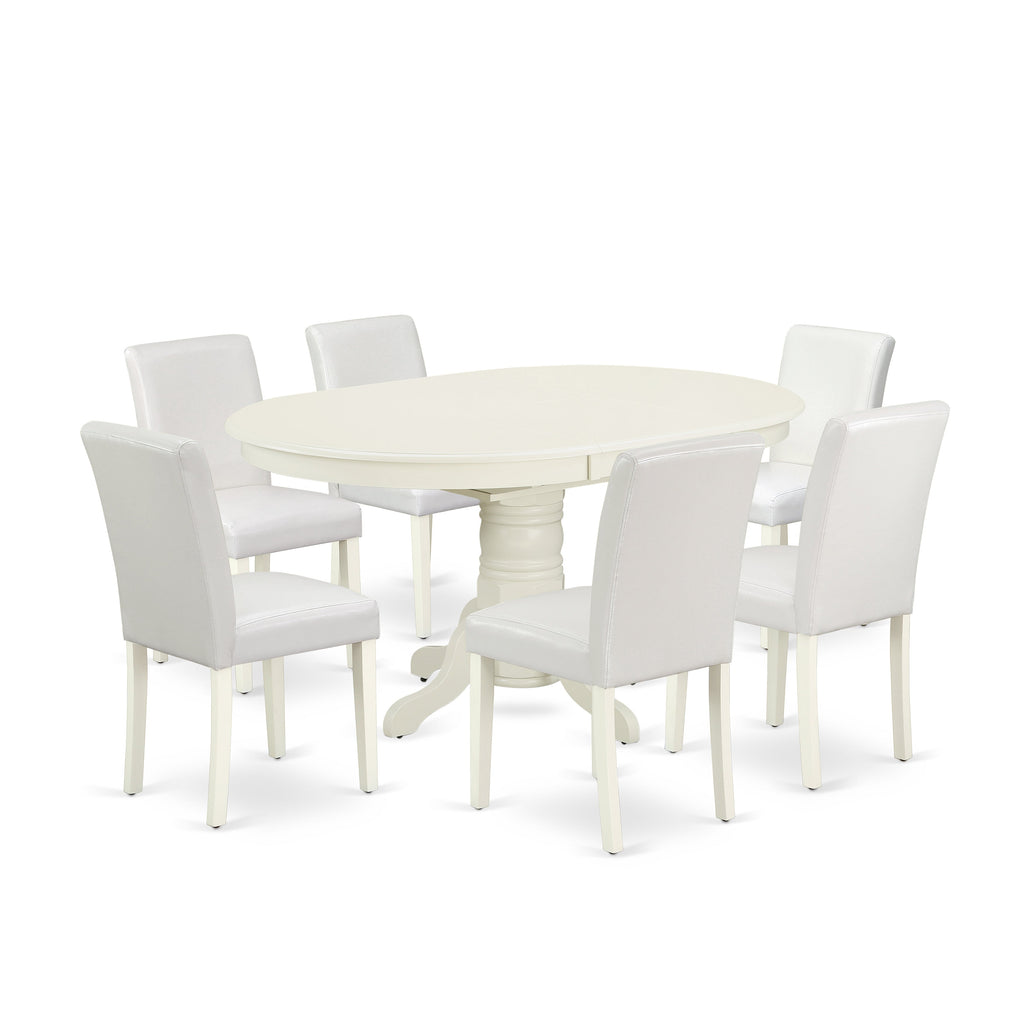 East West Furniture AVAB7-LWH-64 7 Piece Dining Room Furniture Set Consist of an Oval Wooden Table with Butterfly Leaf and 6 White Faux Leather Parson Dining Chairs, 42x60 Inch, Linen White