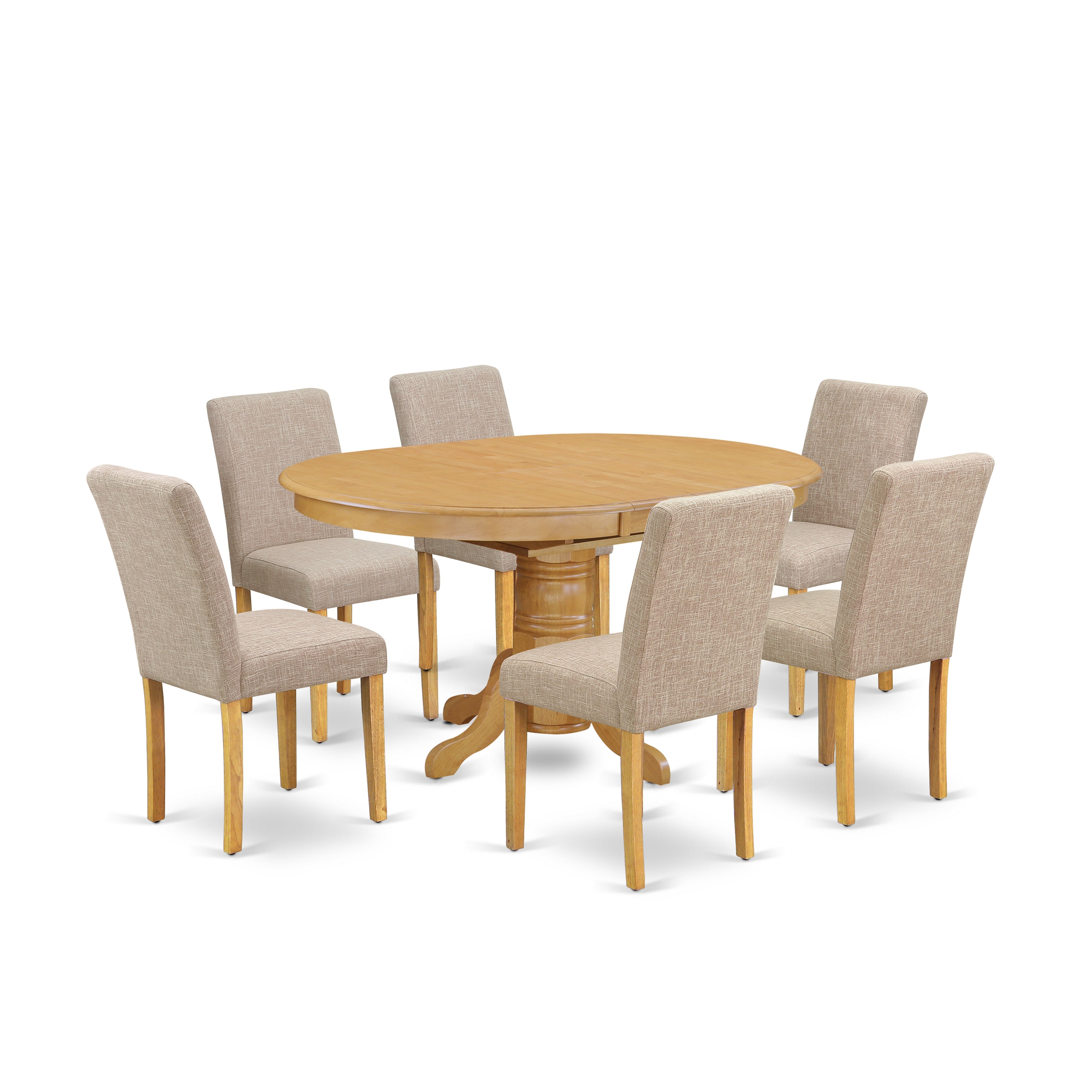 AVAB7-OAK-04 7Pc Oval 42/60" Dinette Table With 18 In Butterfly Leaf And 6 Parson Chair With Oak Leg And Linen Fabric Light Fawn