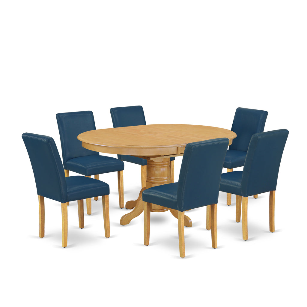 East West Furniture AVAB7-OAK-55 7 Piece Dining Table Set Consist of an Oval Dining Room Table with Butterfly Leaf and 6 Oasis Blue Faux Leather Upholstered Chairs