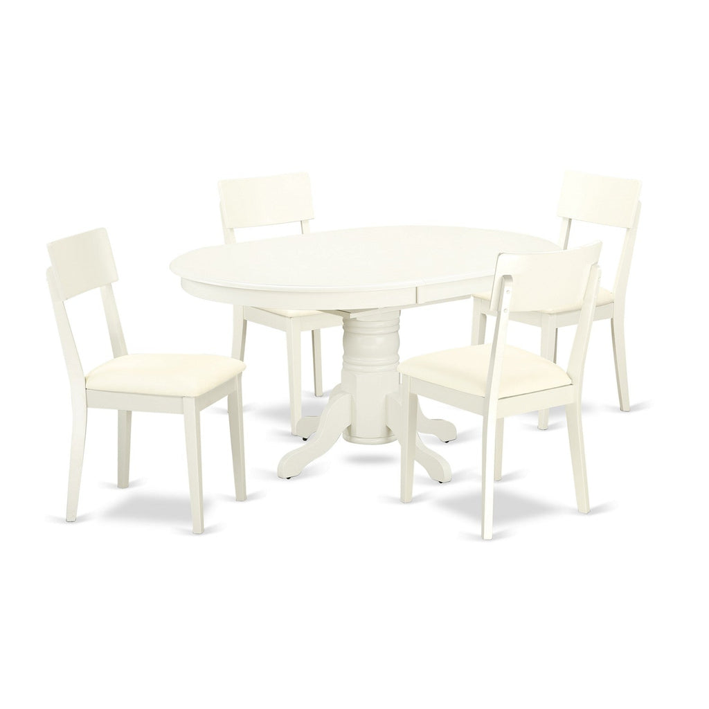 El juego de mesa de comedor moderno de 5 piezas East West Furniture AVAD5-LWH-LC incluye una mesa ovalada de madera con hojas de mariposa y 4 sillas de comedor de cocina de cuero sintético.