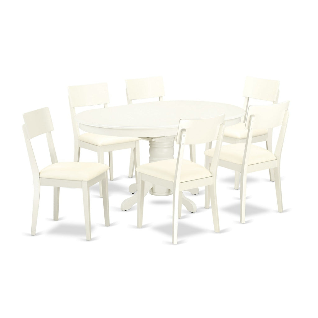 East West Furniture AVAD7-LWH-LC 7 Piece Dining Table Set Consist of an Oval Dining Room Table with Butterfly Leaf and 6 Faux Leather Upholstered Chairs, 42x60 Inch, Linen White