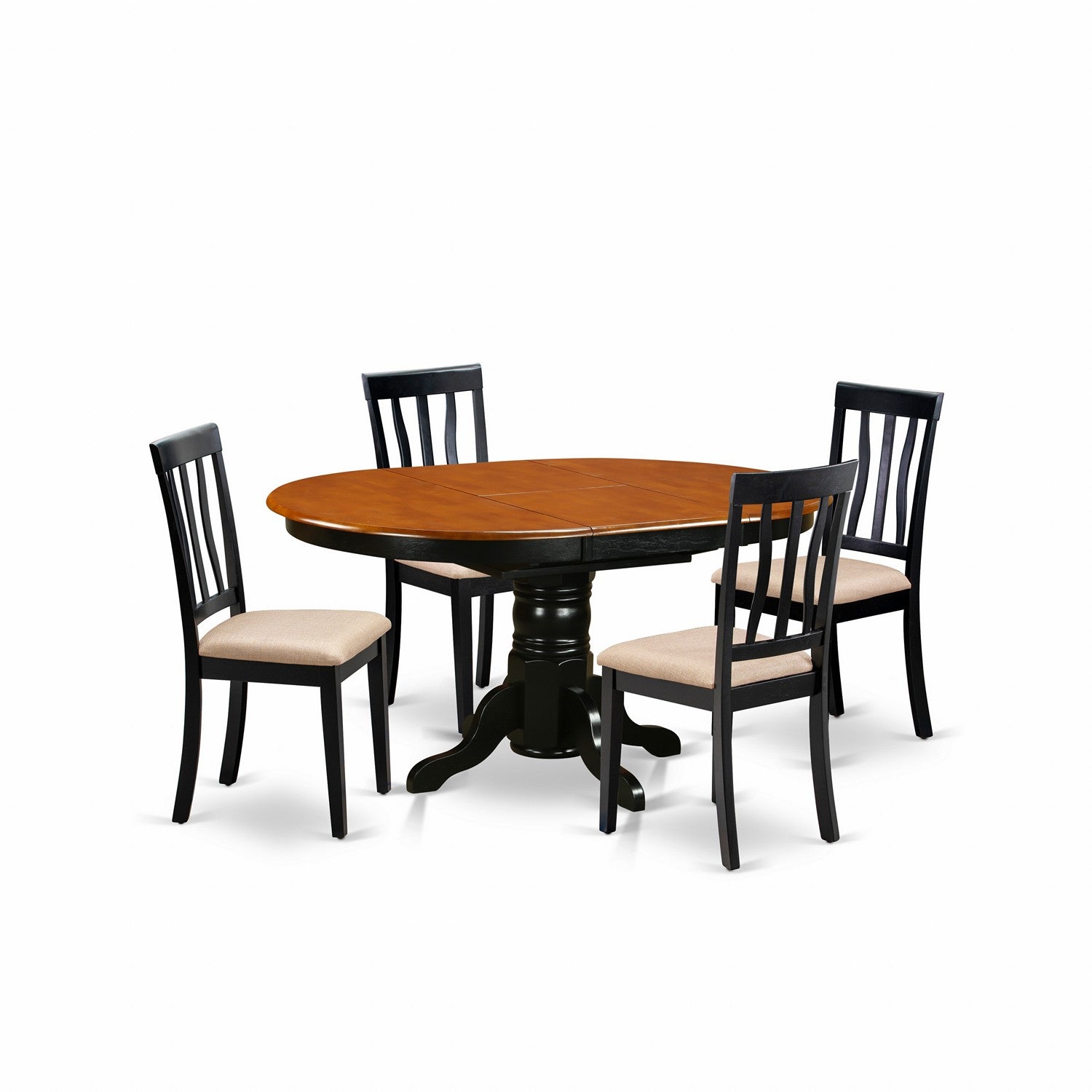 Juego de mesa de comedor de 5 piezas East West Furniture AVAT5-BLK-C para 4 personas. Incluye una mesa de cocina ovalada con diseño de hojas de mariposa y 4 sillas de comedor de cocina de tela de lino.