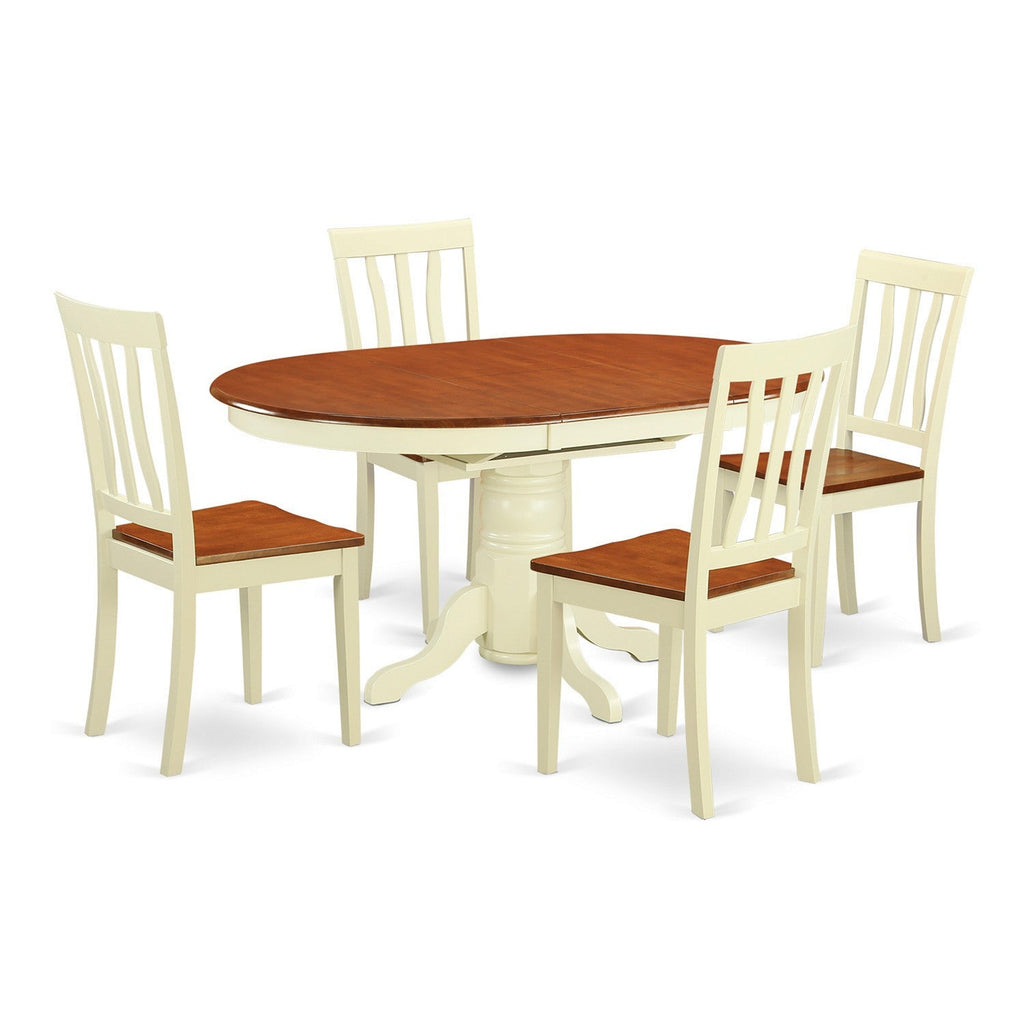El juego de comedor de 5 piezas East West Furniture AVAT5-WHI-W incluye una mesa de comedor ovalada con hojas de mariposa y 4 sillas de cocina.