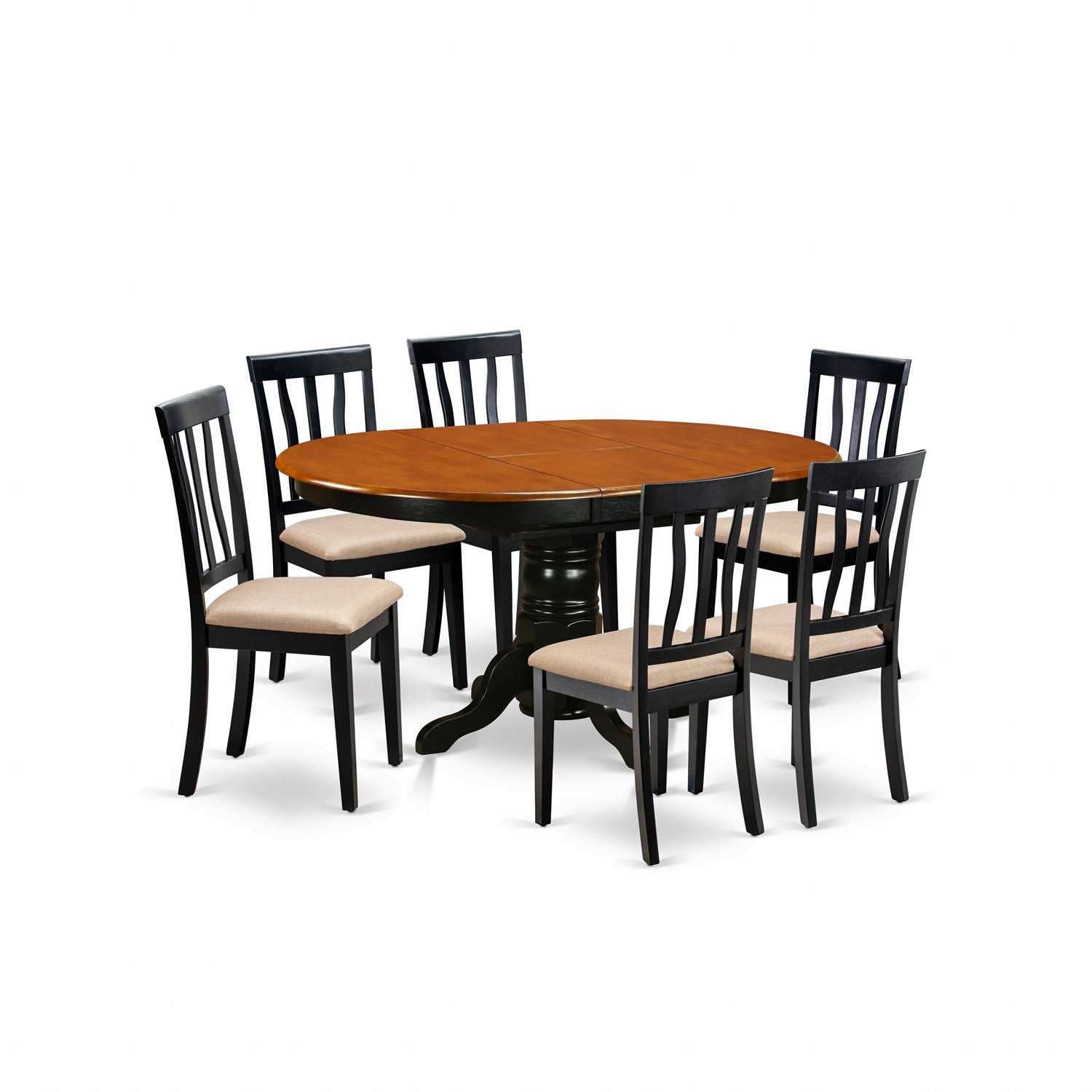 Juego de mesa de cocina de 7 piezas East West Furniture AVAT7-BLK-C. Incluye una mesa de comedor ovalada con hojas de mariposa y 6 sillas de comedor tapizadas en tela de lino.