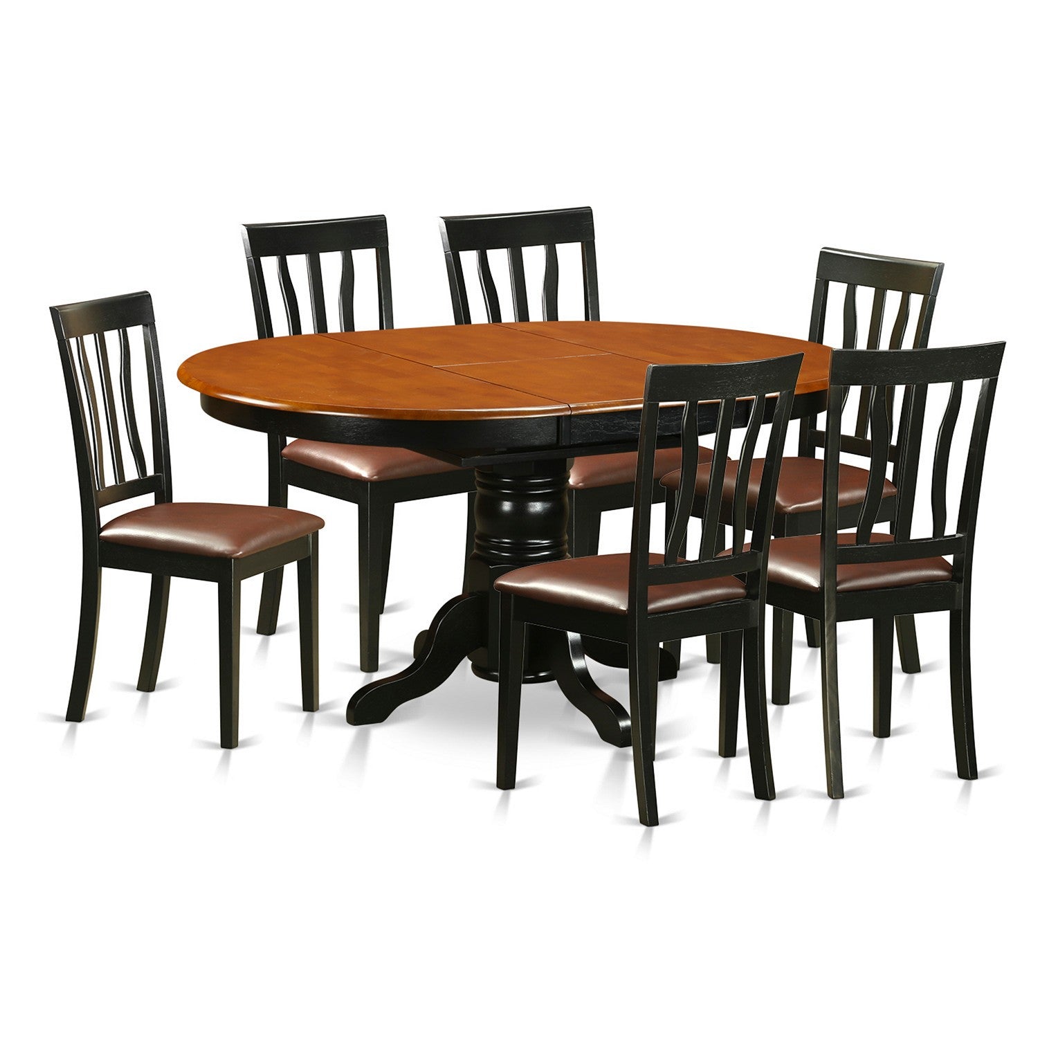 Juego de mesa de comedor de 7 piezas East West Furniture AVAT7-BLK-LC. Incluye una mesa de cocina ovalada con hojas de mariposa y 6 sillas de comedor tapizadas en piel sintética.