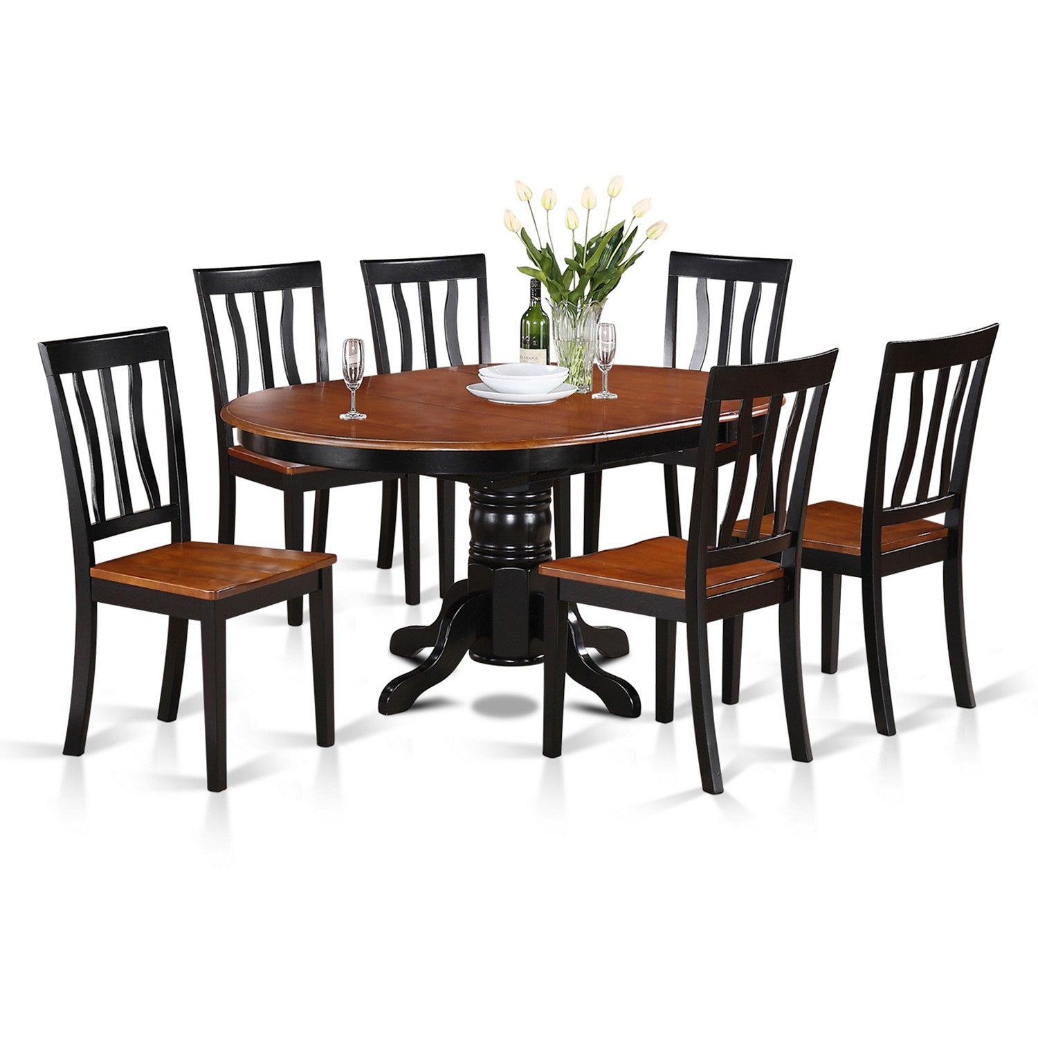 Juego de mesa de comedor moderna de 7 piezas East West Furniture AVAT7-BLK-W compuesto por una mesa ovalada de madera con hojas de mariposa y 6 sillas de comedor.
