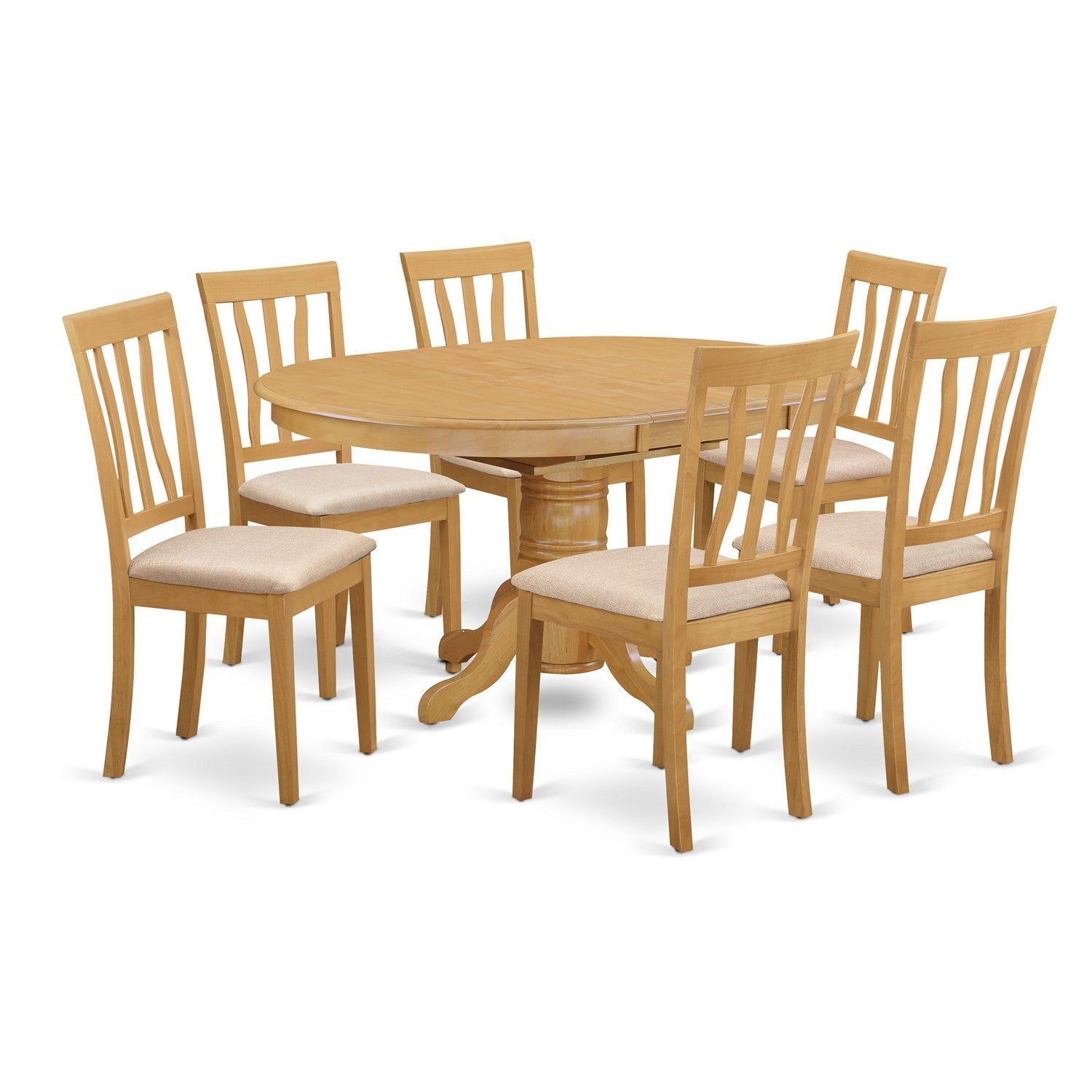 El juego de mesa de cocina de 7 piezas East West Furniture AVAT7-OAK-C consta de una mesa de comedor ovalada con hojas de mariposa y 6 sillas de comedor de tela de lino.