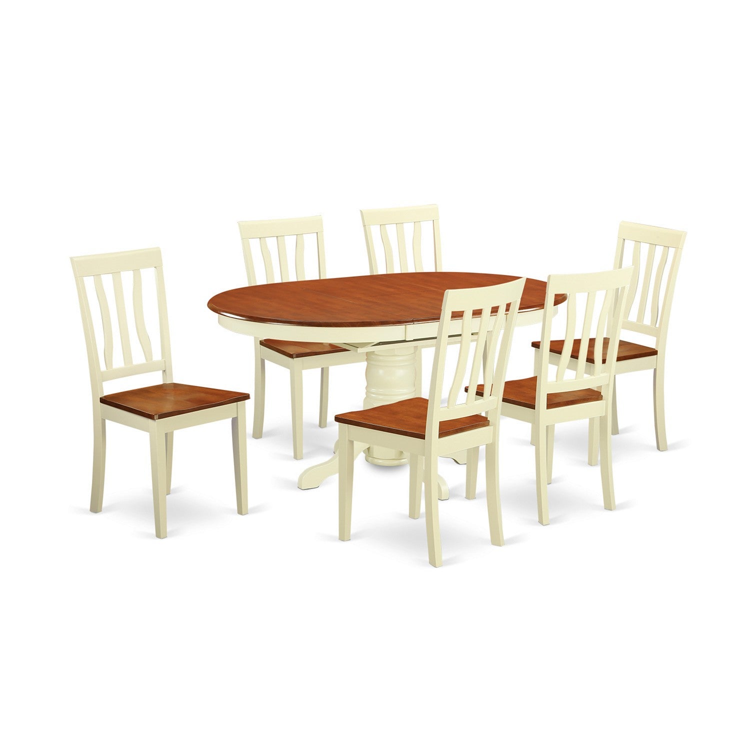 Juego de mesa de comedor de 7 piezas East West Furniture AVAT7-WHI-W. Incluye una mesa de comedor ovalada con hojas de mariposa y 6 sillas con asiento de madera.