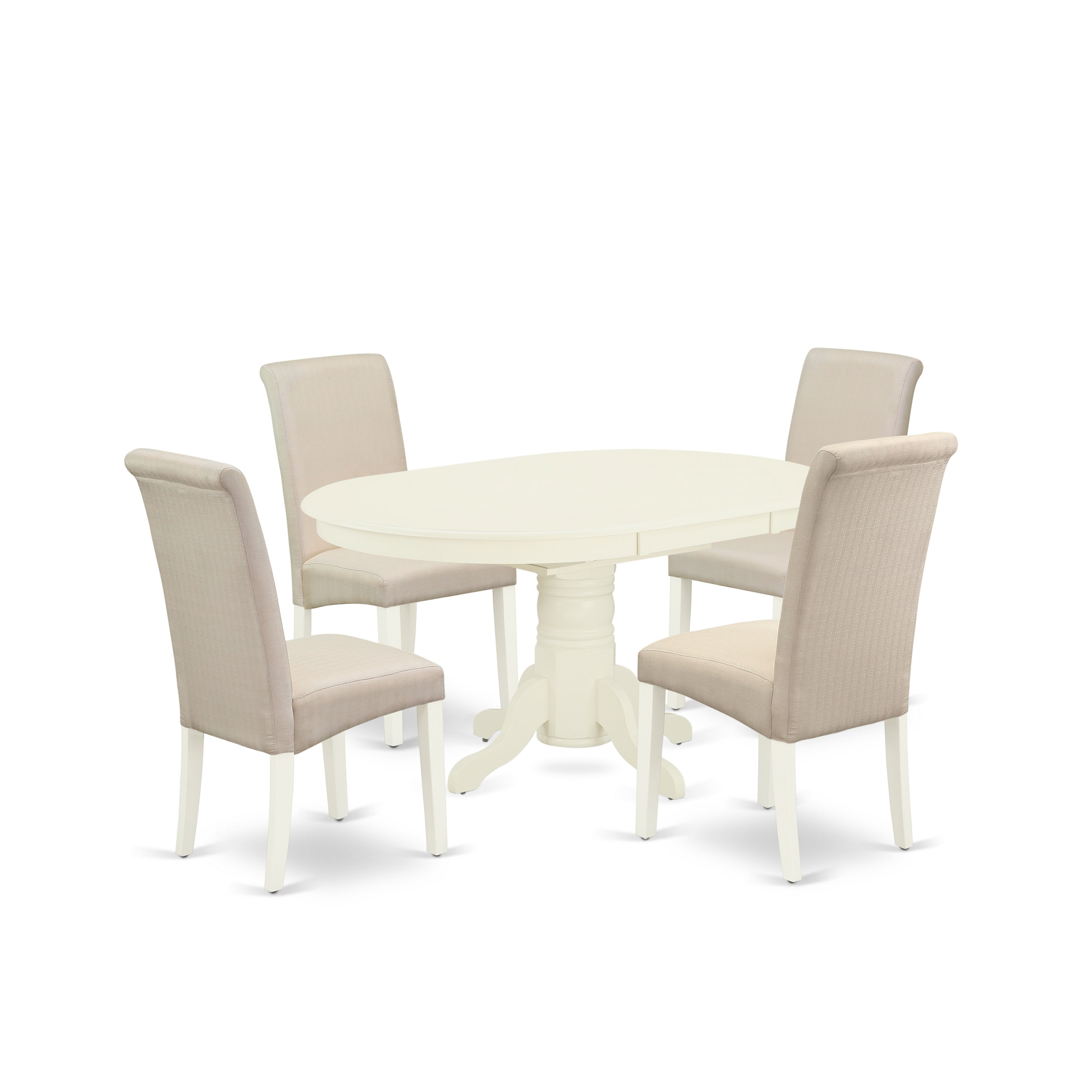 Juego de mesa y sillas de cocina de 5 piezas East West Furniture AVBA5-LWH-01. Incluye una mesa de comedor ovalada con hojas de mariposa y 4 sillas Parson de tela de lino color crema.