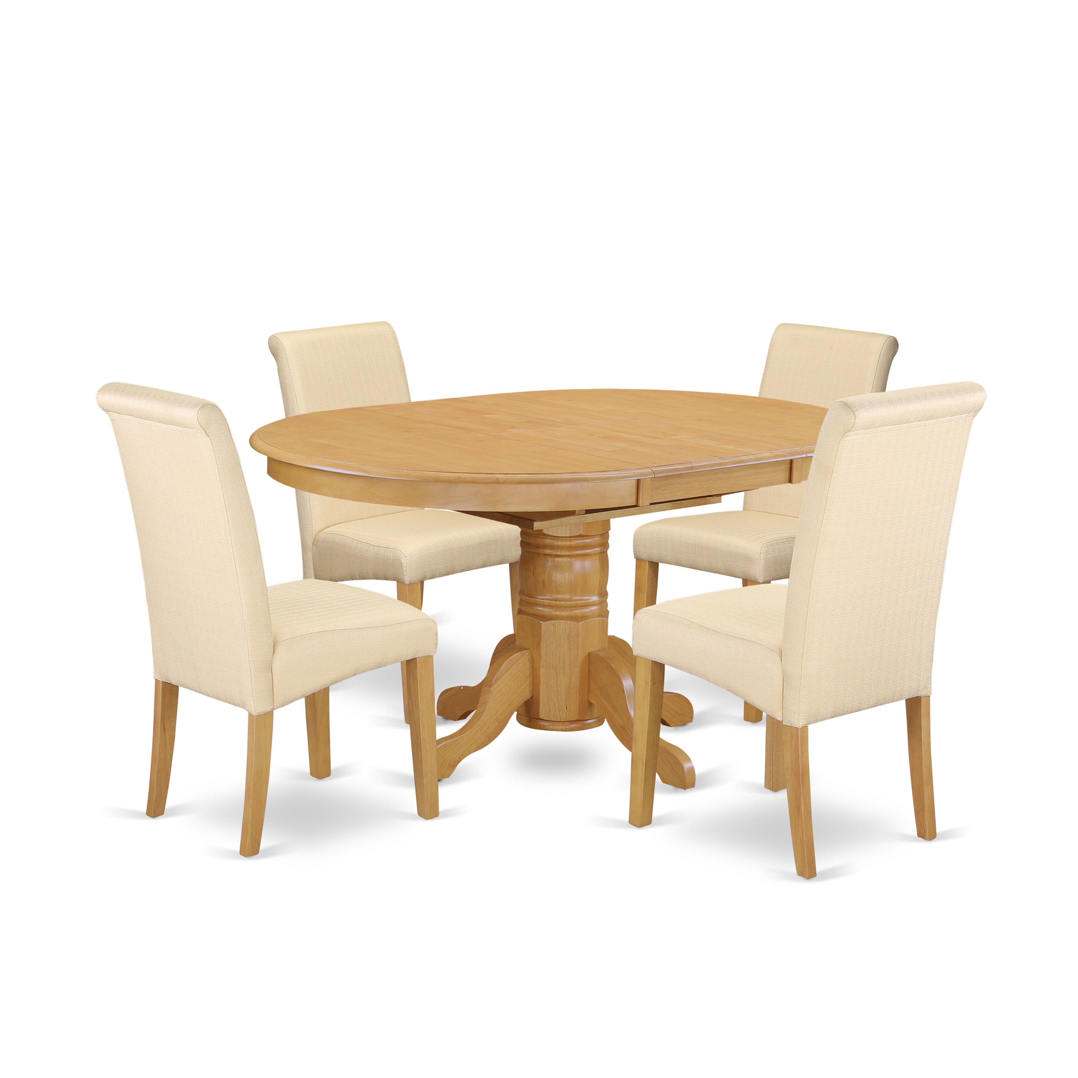 El juego de comedor de 5 piezas East West Furniture AVBA5-OAK-02 incluye una mesa de comedor ovalada con hojas de mariposa y 4 sillas tapizadas en tela de lino beige claro.