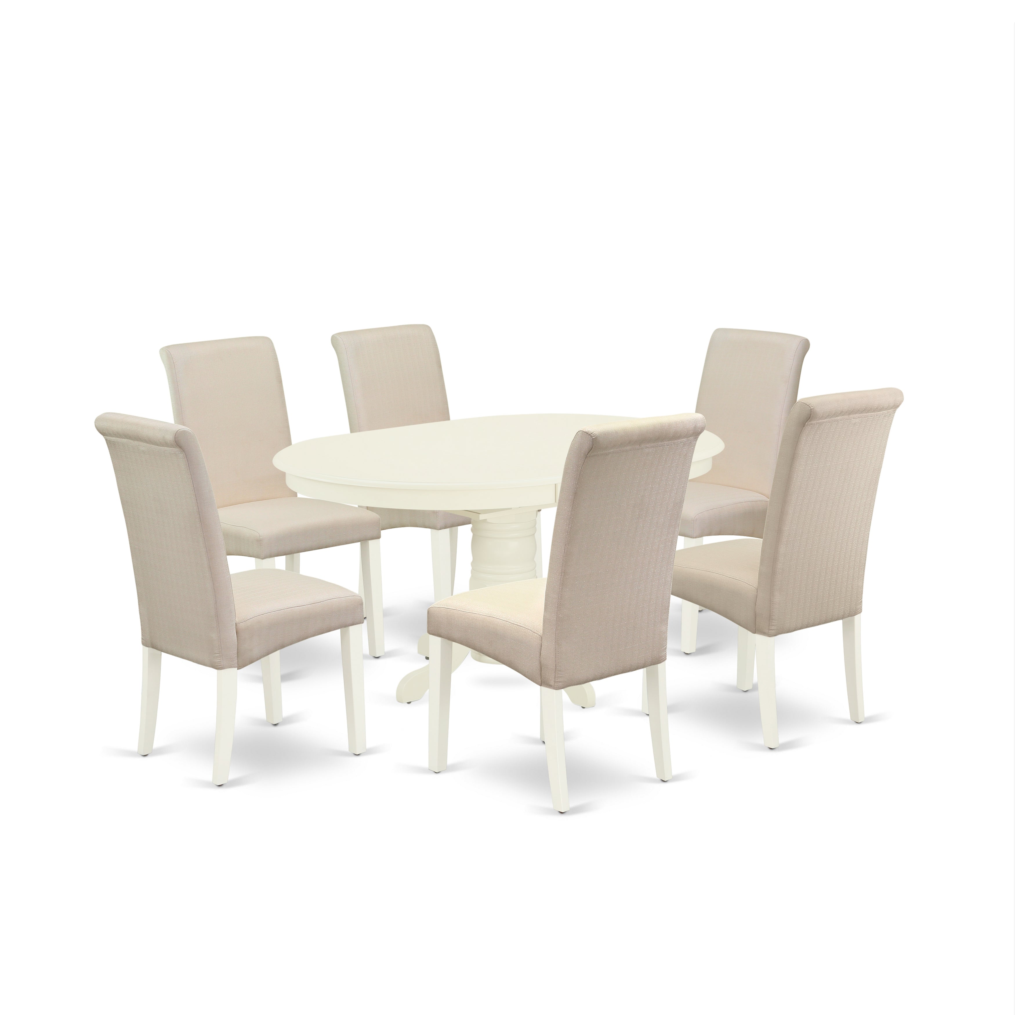 AVBA7-LWH-01 7Pc Dinette Set Includes an Oval Kitchen Table with Butterfly Leaf and Six Parson Chairs with Cream Fabric, Linen White Finish
