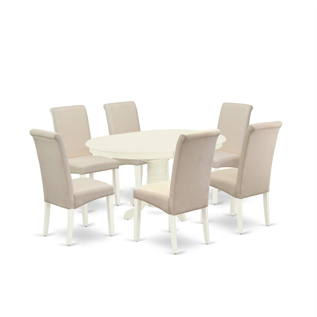 East West Furniture AVBA7-LWH-01 7 Piece Dining Table Set Consist of an Oval Dining Room Table with Butterfly Leaf and 6 Cream Linen Fabric Upholstered Chairs, 42x60 Inch, Linen White