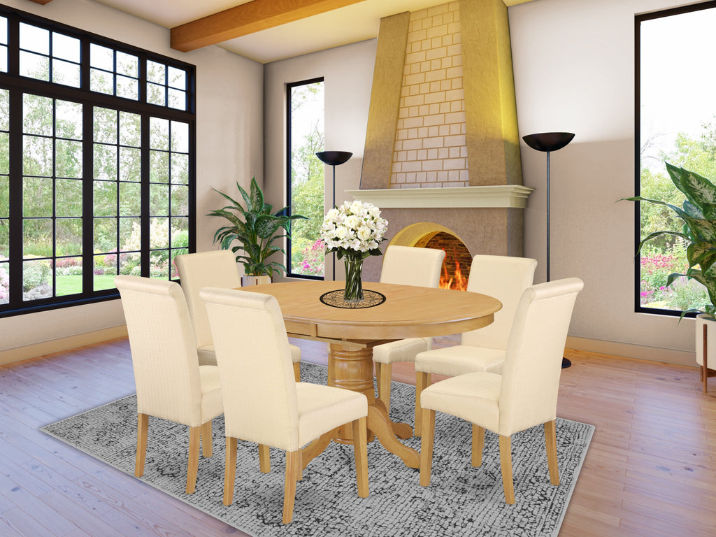 East West Furniture AVBA7-OAK-02 7 Piece Dining Table Set Consist of an Oval Butterfly Leaf Kitchen Table and 6 Light Beige Linen Fabric Upholstered Chairs, 42x60 Inch, Oak