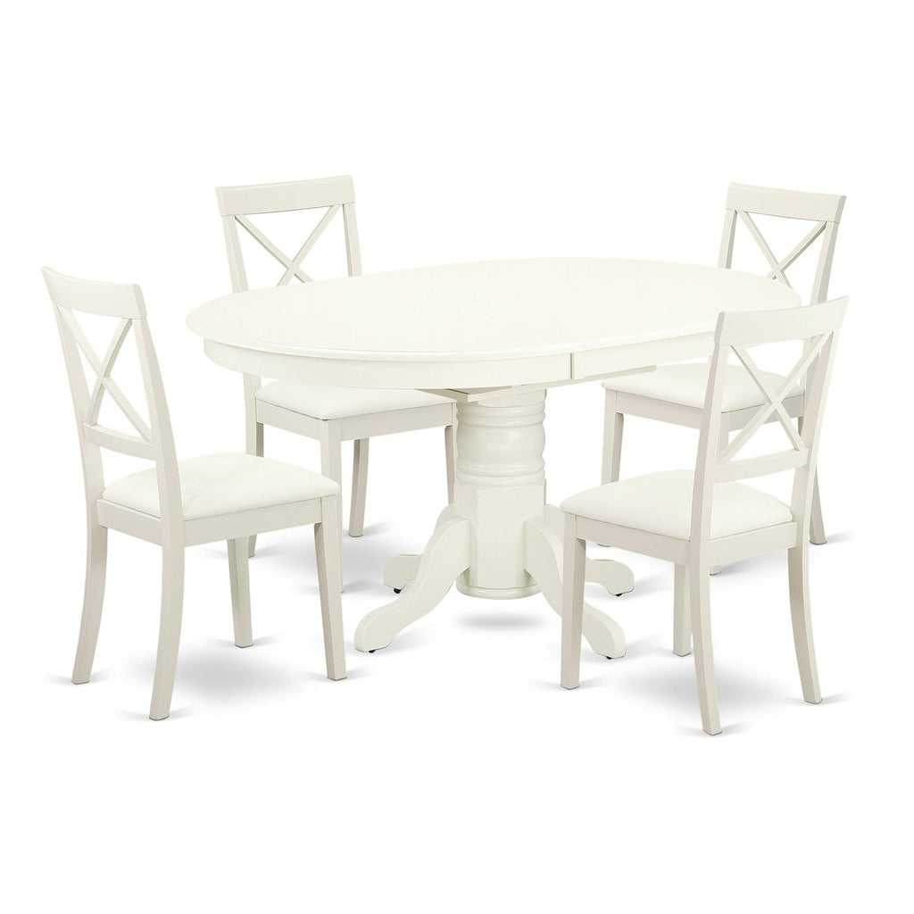 El juego de comedor de 5 piezas East West Furniture AVBO5-LWH-LC incluye una mesa de comedor ovalada con hojas de mariposa y 4 sillas tapizadas en piel sintética.