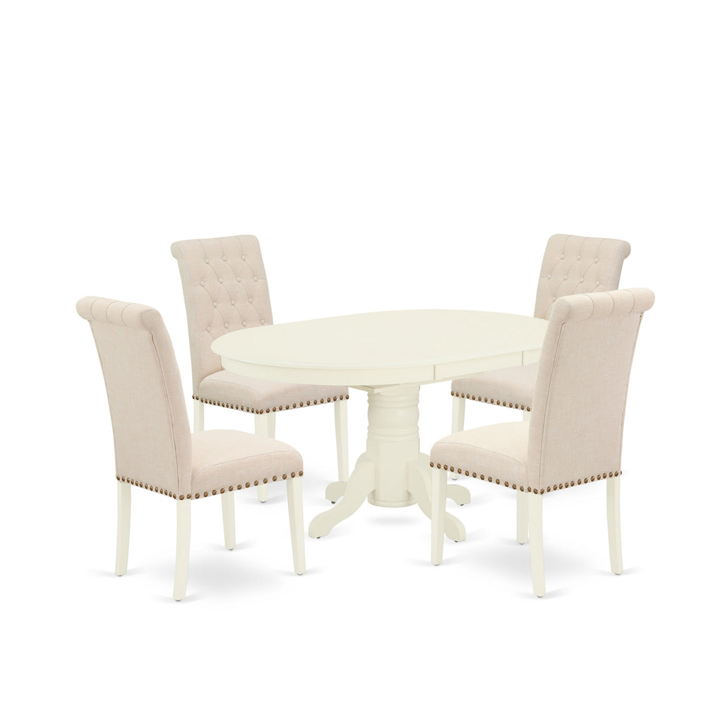 East West Furniture AVBR5-LWH-02 5 Piece Dining Table Set for 4 Includes an Oval Kitchen Table with Butterfly Leaf and 4 Light Beige Linen Fabric Parsons Chairs, 42x60 Inch, Linen White