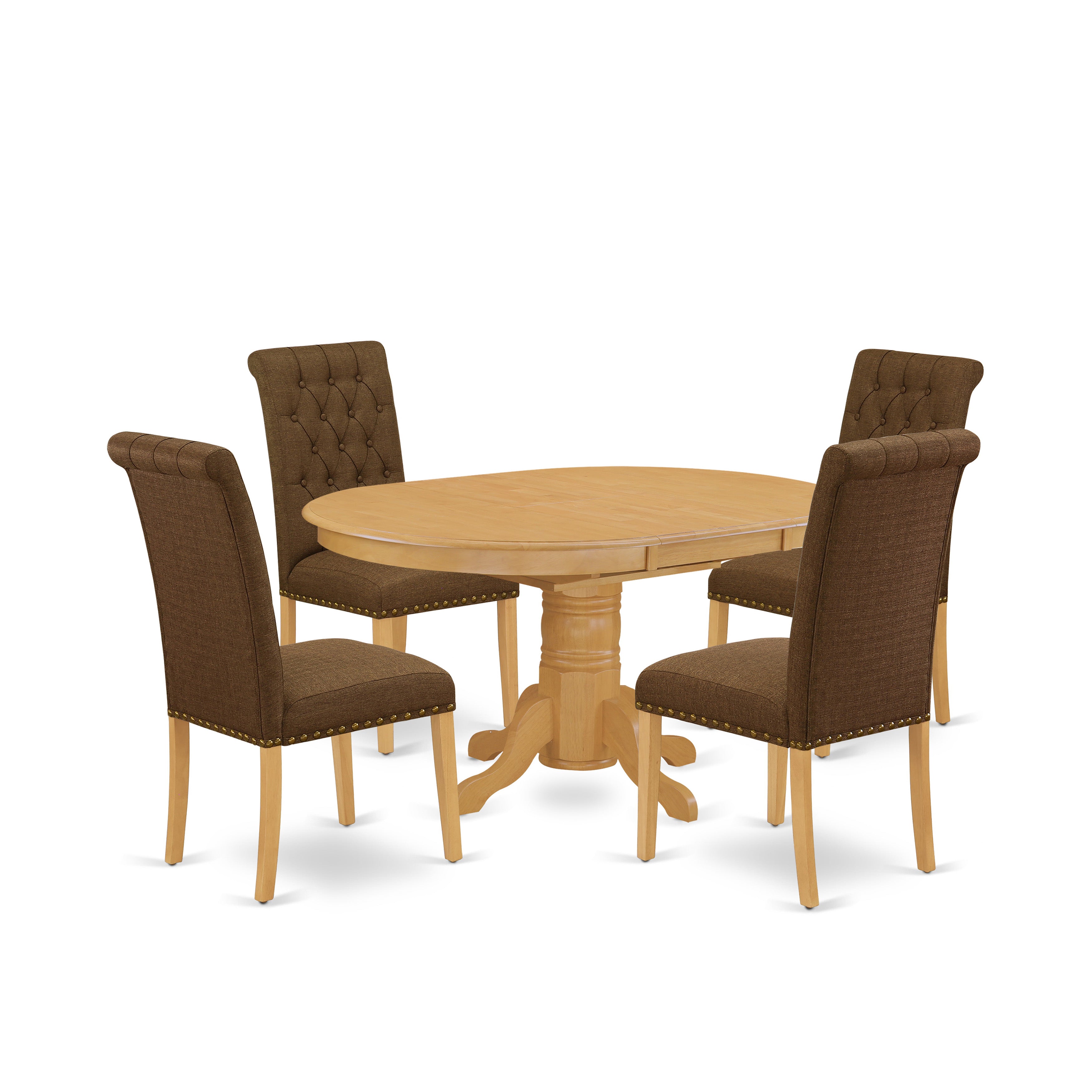 El juego de comedor de 5 piezas East West Furniture AVBR5-OAK-18 incluye una mesa de comedor ovalada con hojas de mariposa y 4 sillas tapizadas en tela de lino marrón.