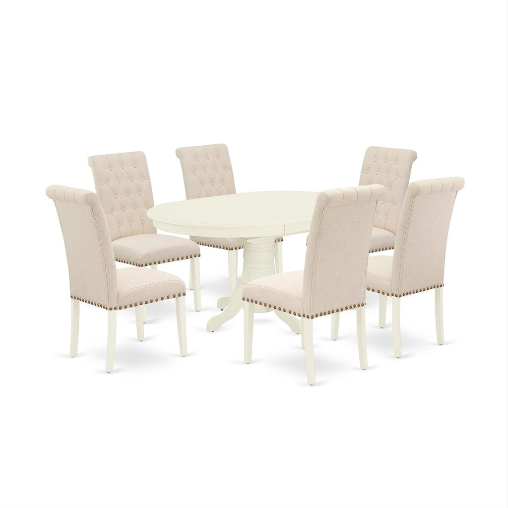 East West Furniture AVBR7-LWH-02 7 Piece Kitchen Table Set Consist of an Oval Dining Room Table with Butterfly Leaf and 6 Light Beige Linen Fabric Parson Chairs