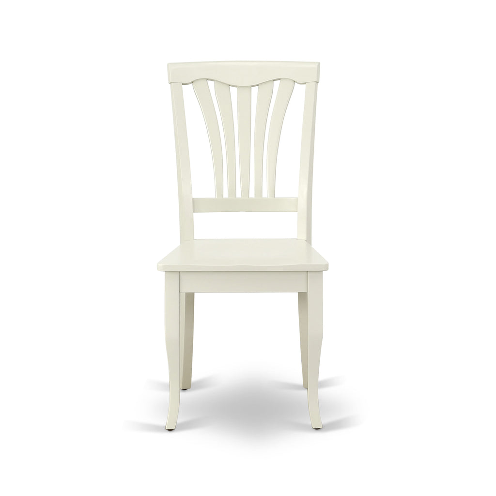 Juego de mesa de comedor de 7 piezas East West Furniture AVON7-LWH-W. Incluye una mesa de comedor ovalada con hojas de mariposa y 6 sillas con asiento de madera.