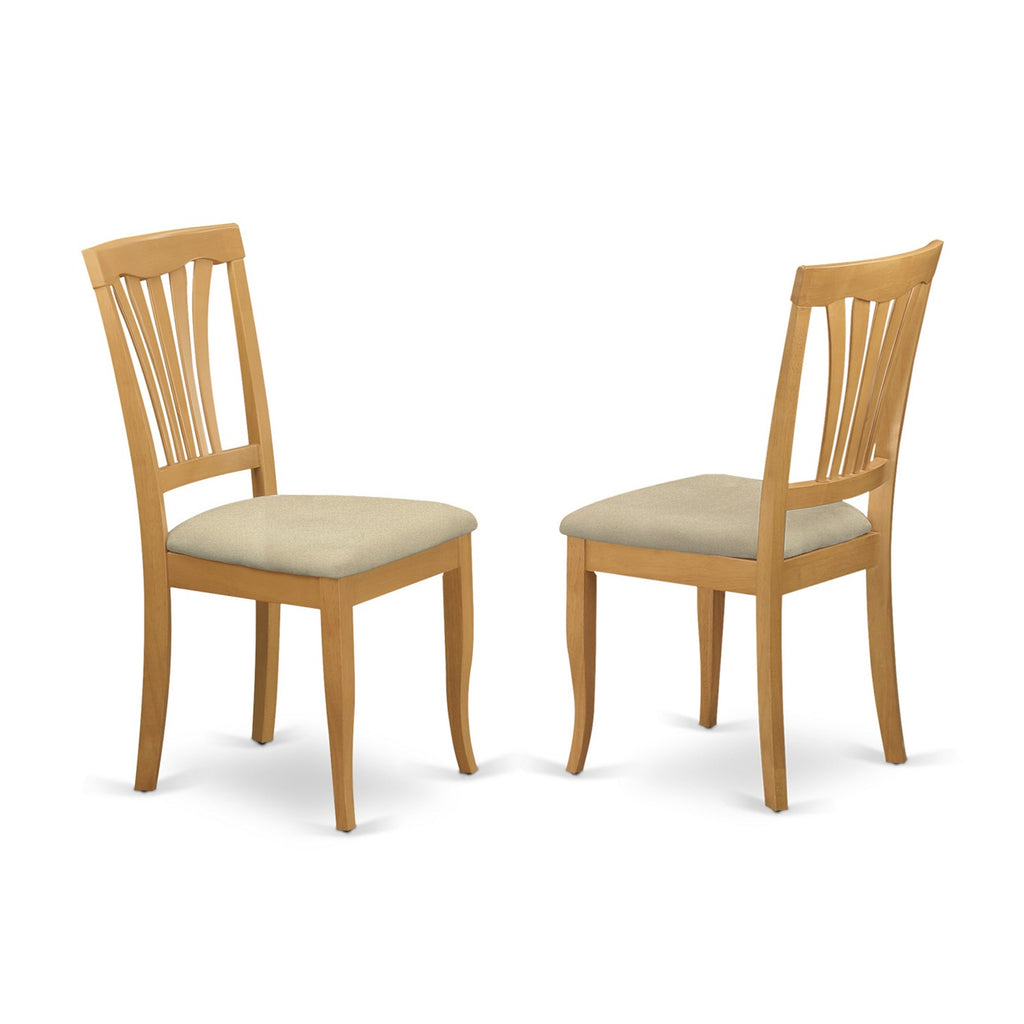 East West Furniture AMAV3-OAK-C 3 Piece Dining Room Furniture Set Contains a Round Dining Table with Pedestal and 2 Linen Fabric Upholstered Chairs