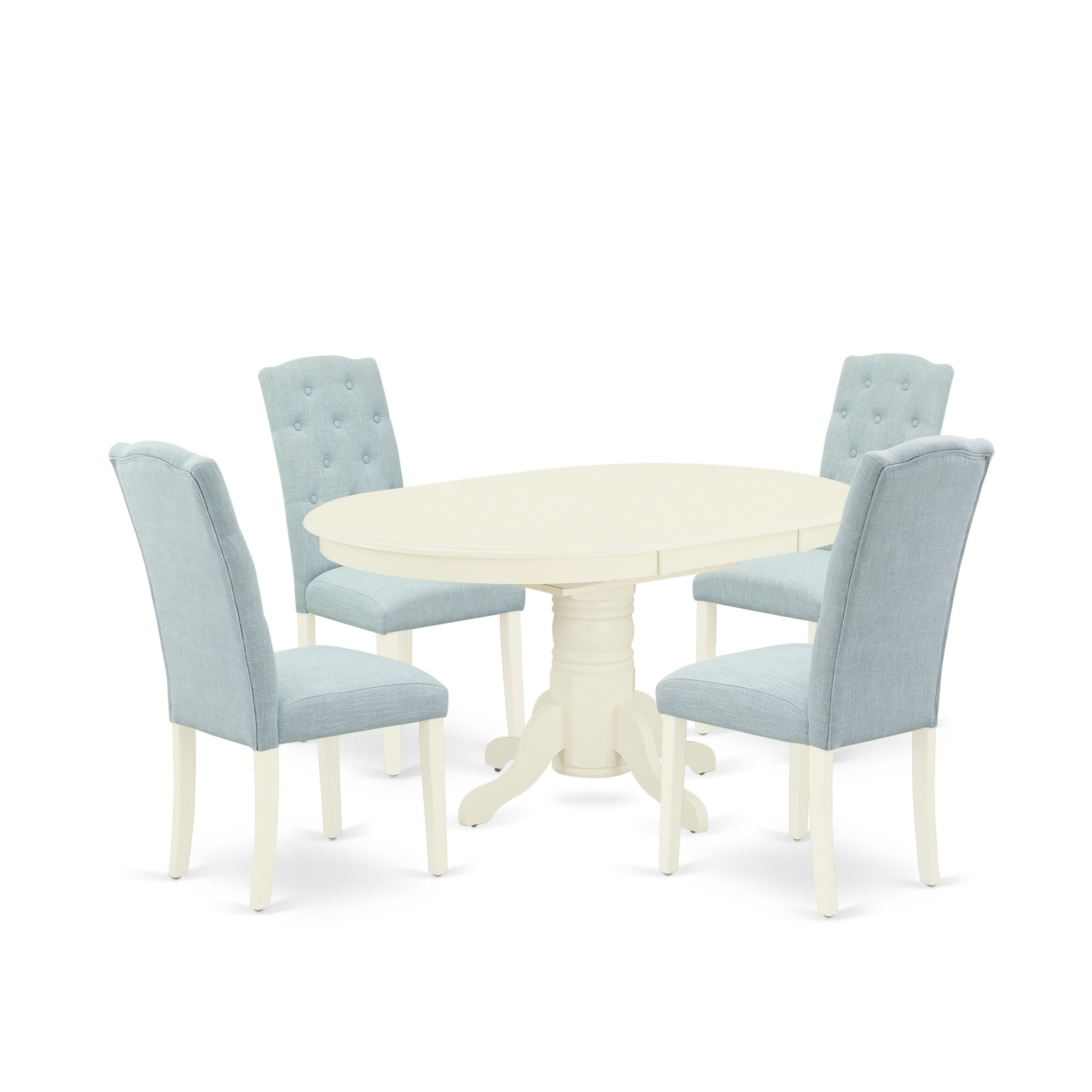 El juego de mesa de comedor de 5 piezas East West Furniture AVCE5-LWH-15 incluye una mesa de comedor ovalada con hojas de mariposa y 4 sillas Parsons de tela de lino azul bebé.