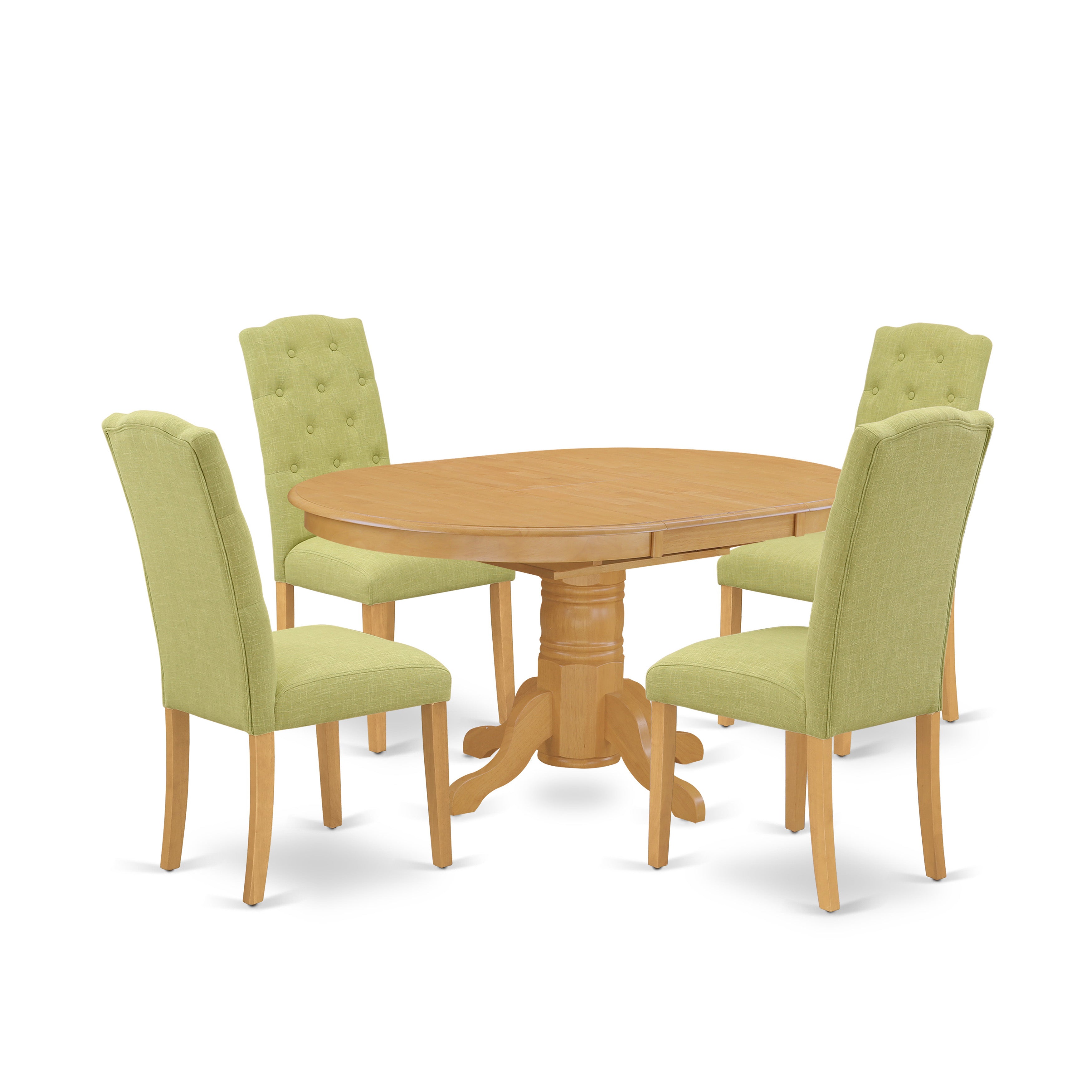 AVCE5-OAK-07 5Pc Dining Set Includes an Oval Dinette Table with Butterfly Leaf and Four Parson Chairs with Lime Green Fabric, Oak Finish
