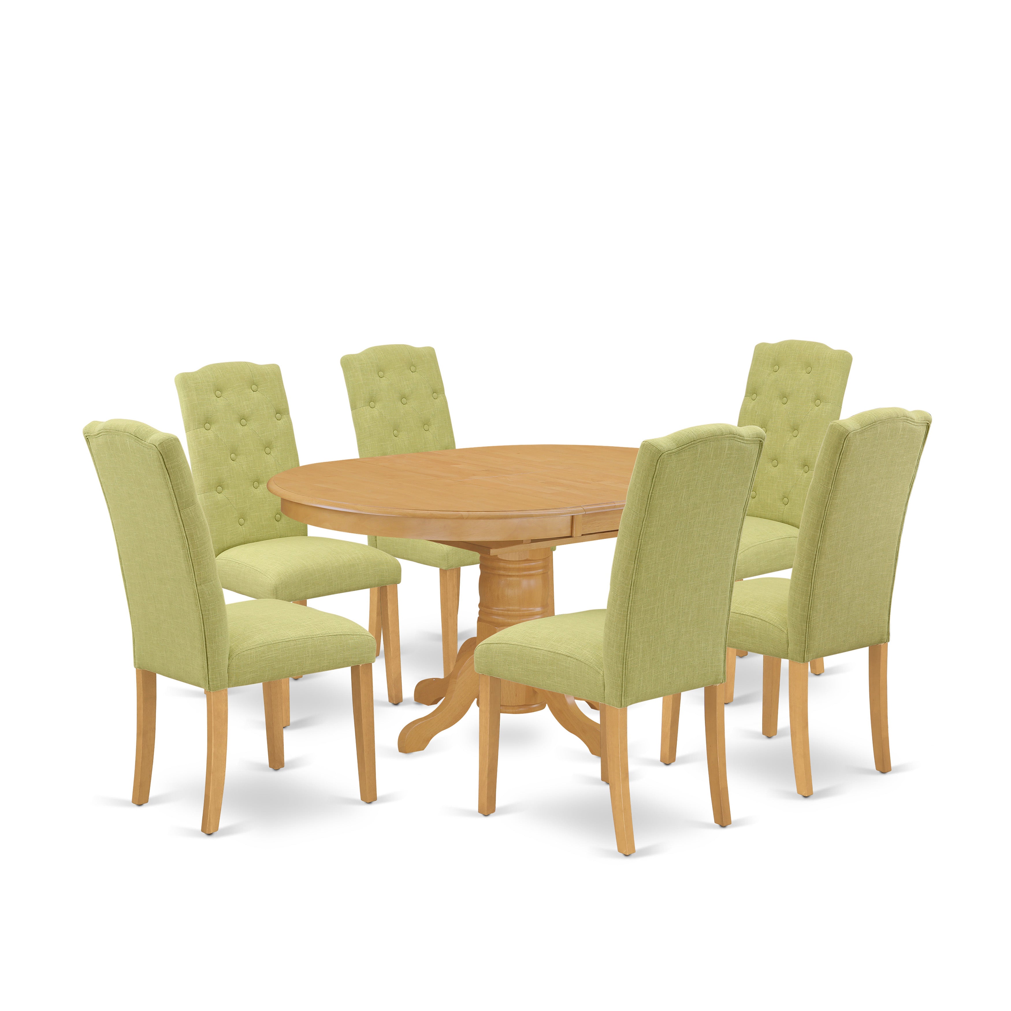 Juego de mesa de comedor moderna de 7 piezas East West Furniture AVCE7-OAK-07 compuesto por una mesa ovalada de madera con hojas de mariposa y 6 sillas Parson de tela de lino Limelight.