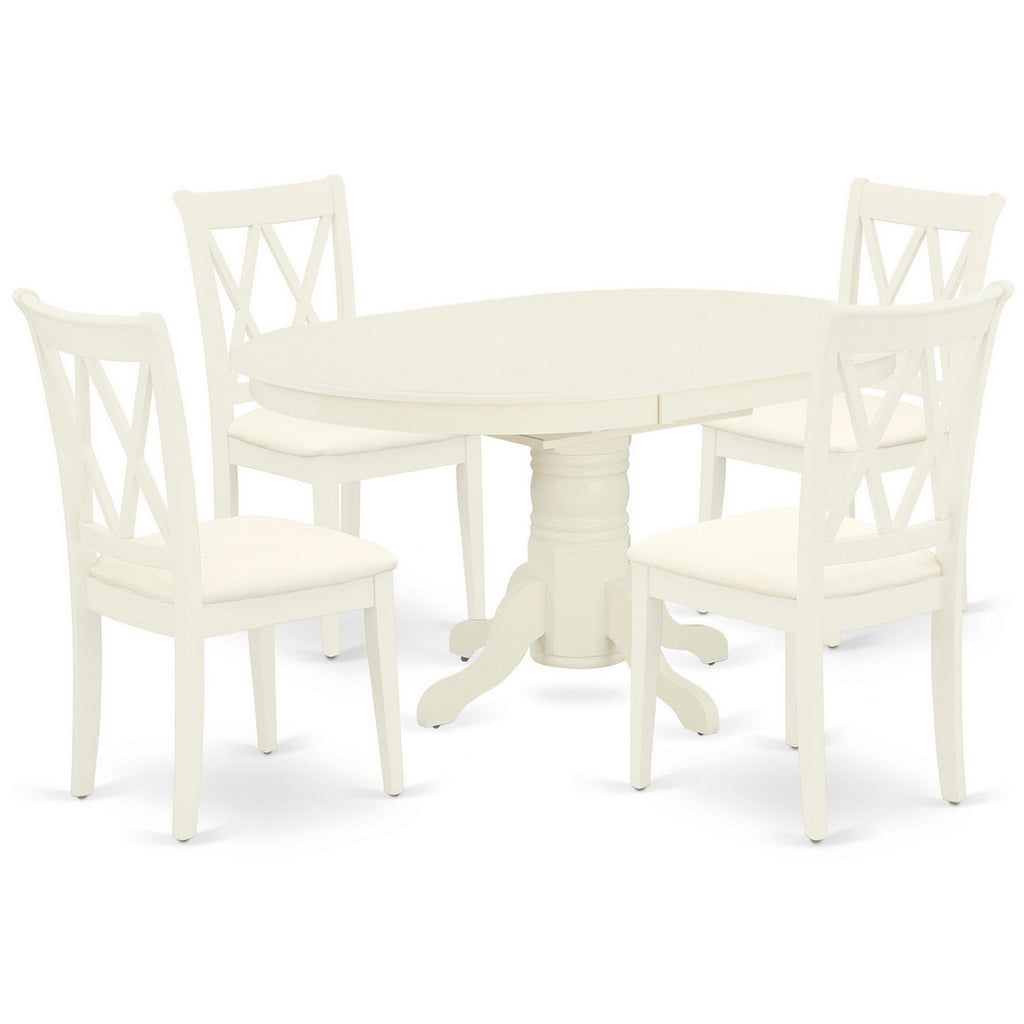 Juego de comedor de 5 piezas East West Furniture AVCL5-LWH-C. Incluye una mesa de comedor ovalada con hojas de mariposa y 4 sillas tapizadas en tela de lino.