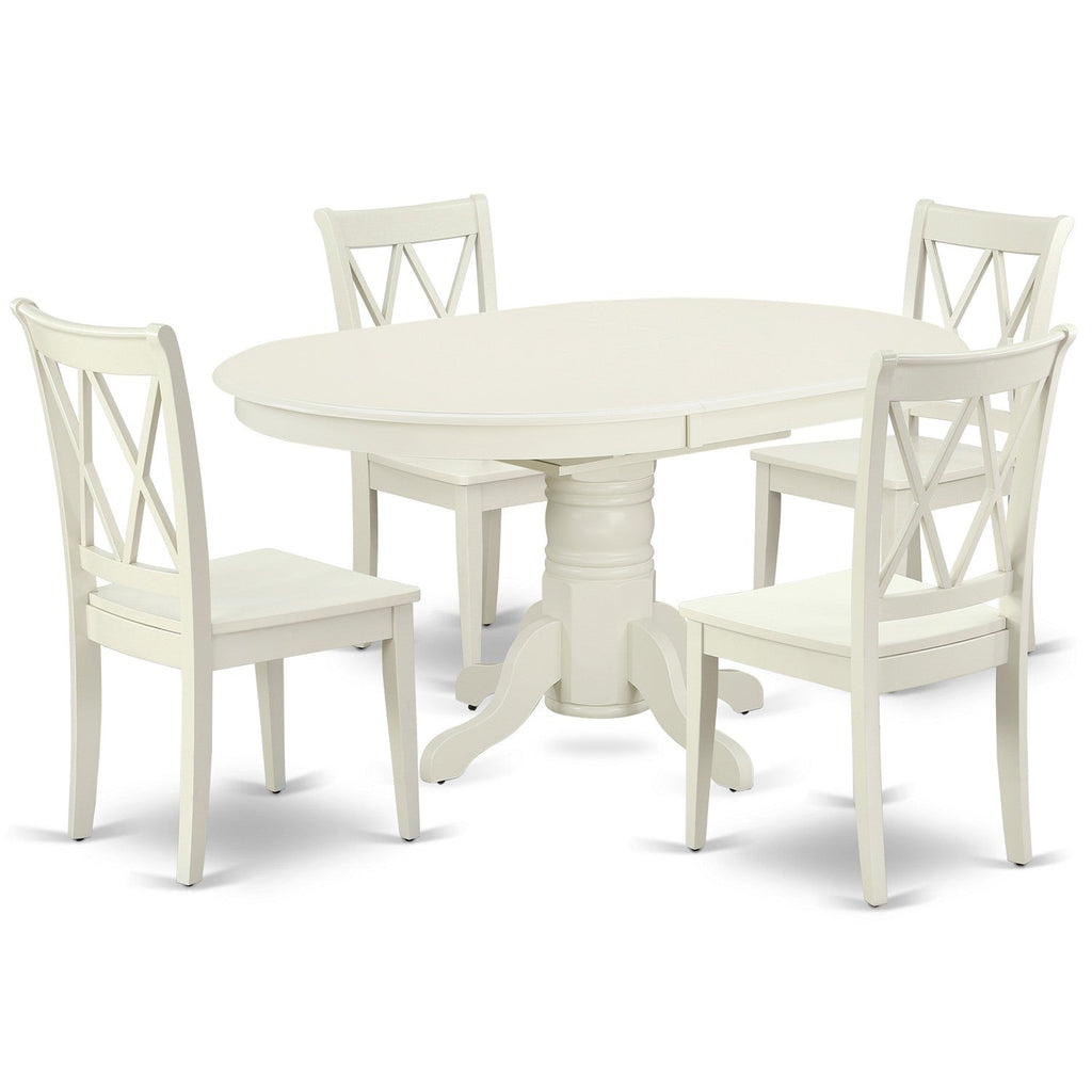 El juego de muebles de comedor de 5 piezas East West Furniture AVCL5-LWH-W incluye una mesa de cocina ovalada con hojas de mariposa y 4 sillas de comedor.