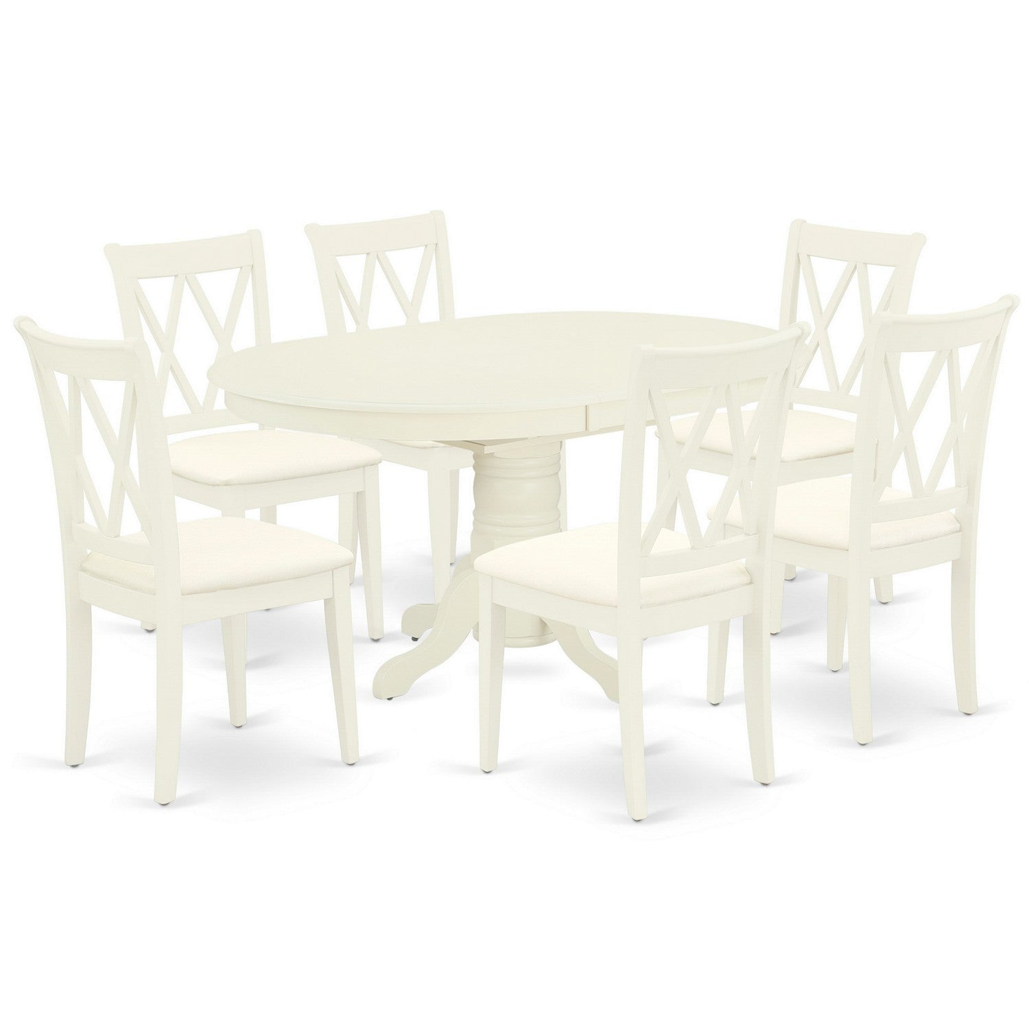 Juego de mesa de comedor de 7 piezas East West Furniture AVCL7-LWH-C. Incluye una mesa de cocina ovalada con hojas de mariposa y 6 sillas de comedor tapizadas en tela de lino.