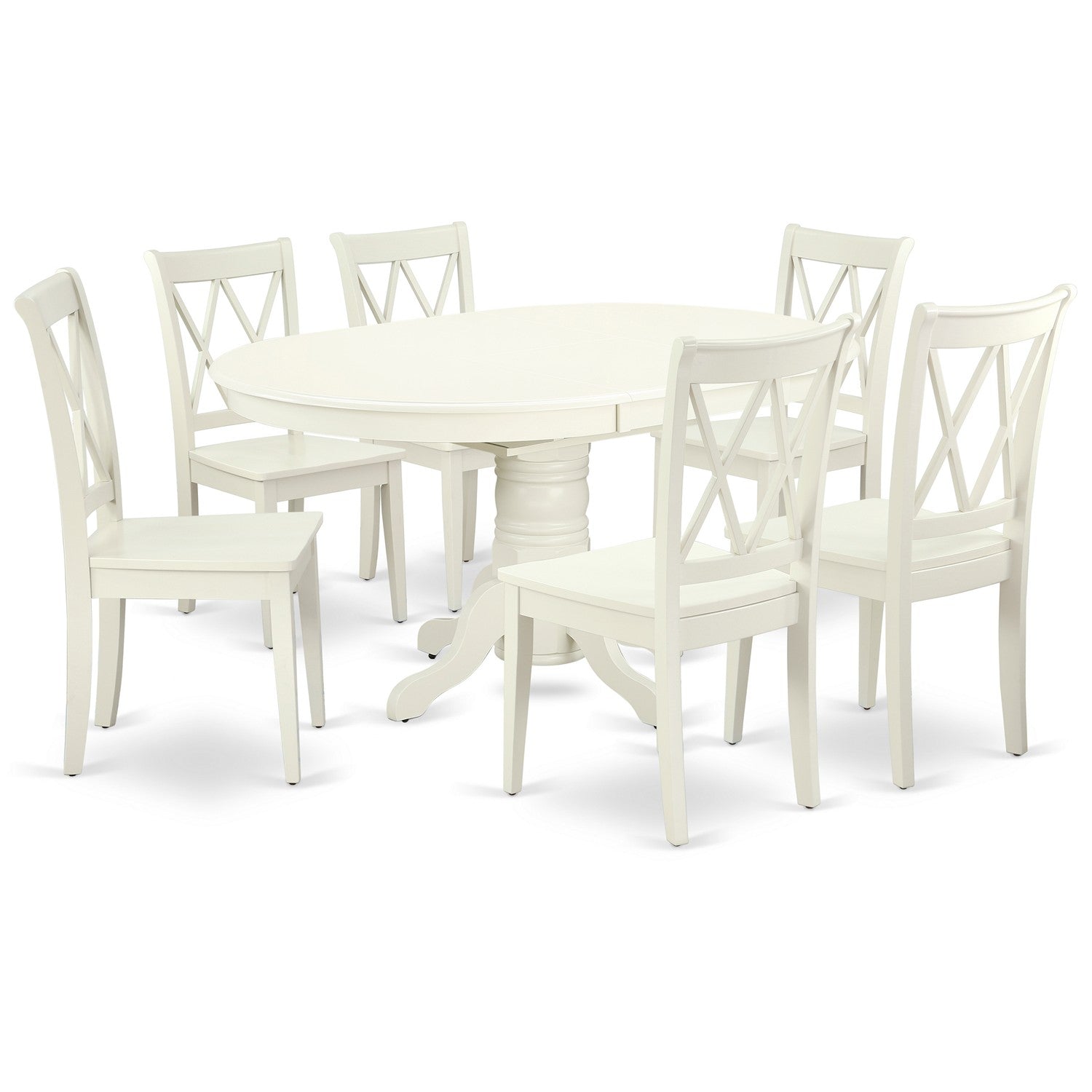 Juego de mesa de comedor East West Furniture AVCL7-LWH-W de 7 piezas compuesto por una mesa ovalada de madera con hojas de mariposa y 6 sillas de comedor.