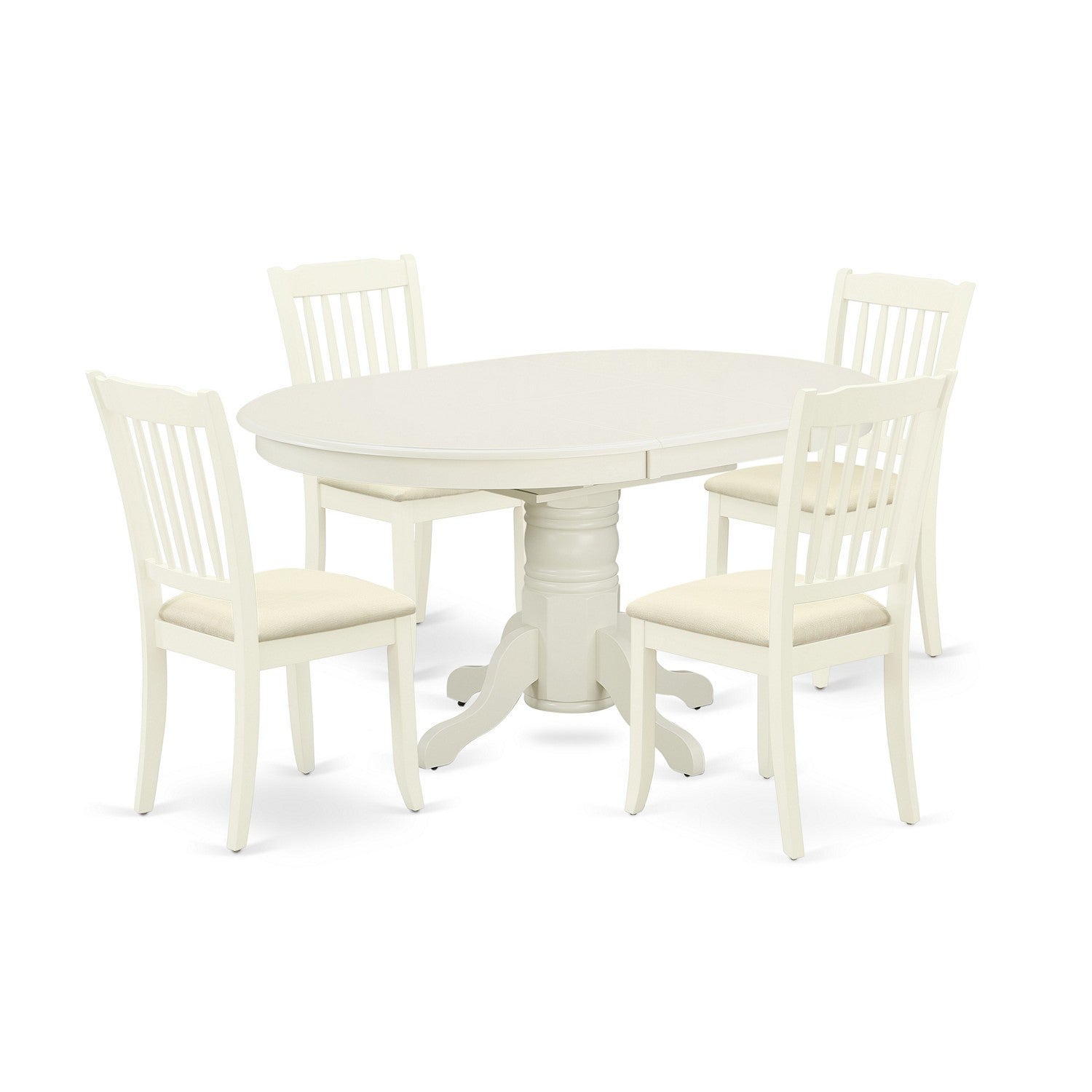 AVDA5-LWH-C 5Pc Dining Set Includes an Oval Dinette Table with Butterfly Leaf and Four Vertical Slatted Linen Seat Kitchen Chairs, Linen White Finish