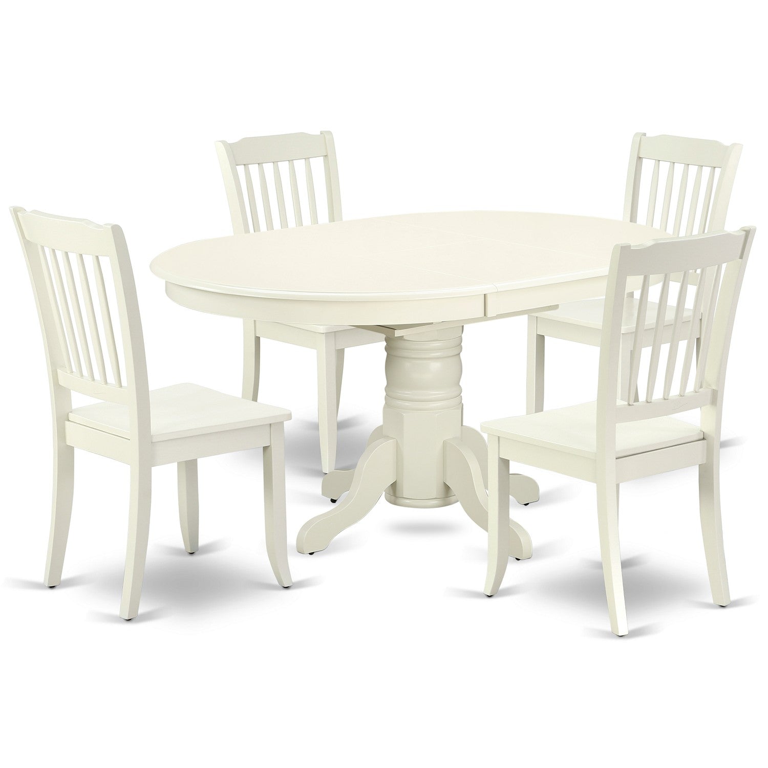 El juego de comedor de 5 piezas East West Furniture AVDA5-LWH-W incluye una mesa de comedor ovalada con hojas de mariposa y 4 sillas de cocina.