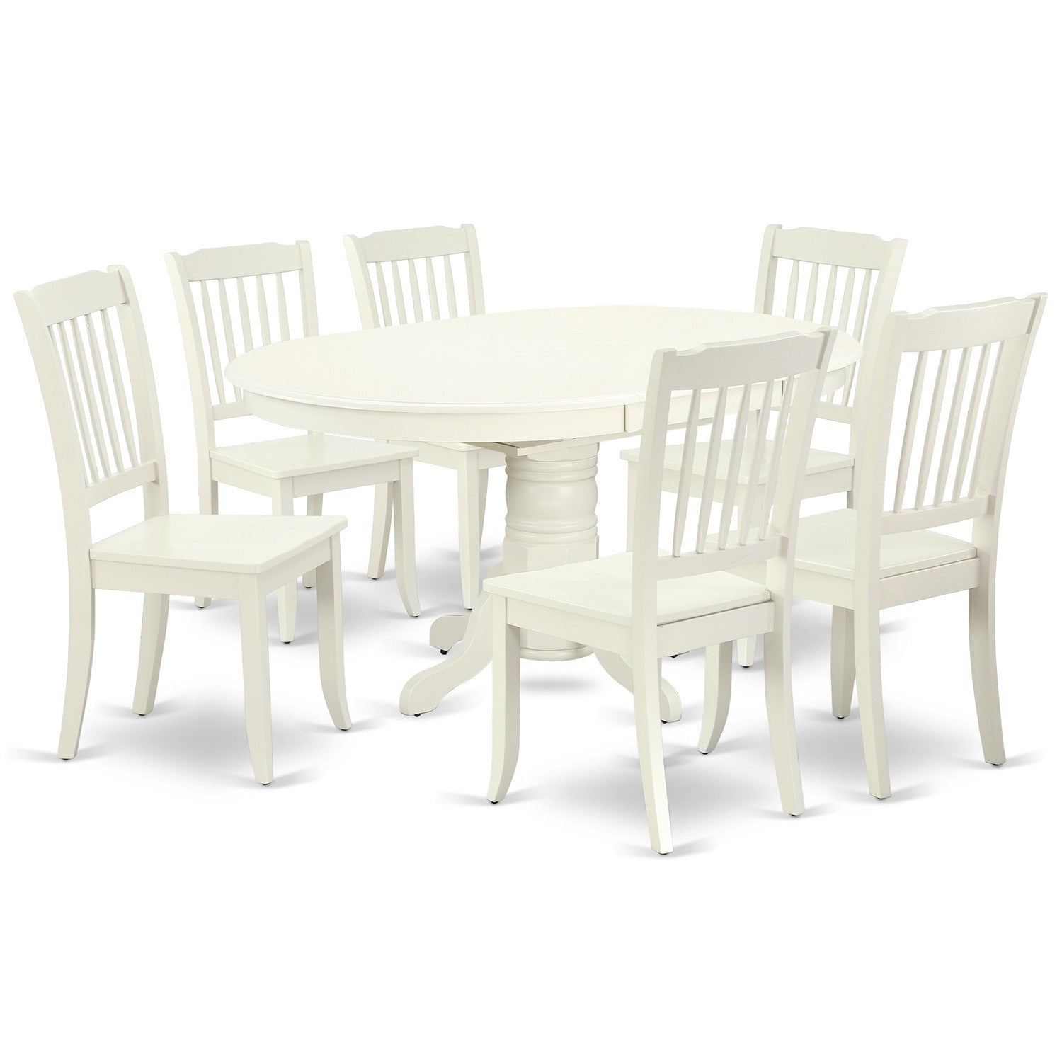 Juego de mesa de cocina de 7 piezas East West Furniture AVDA7-LWH-W compuesto por una mesa de comedor ovalada con hojas de mariposa y 6 sillas de comedor.