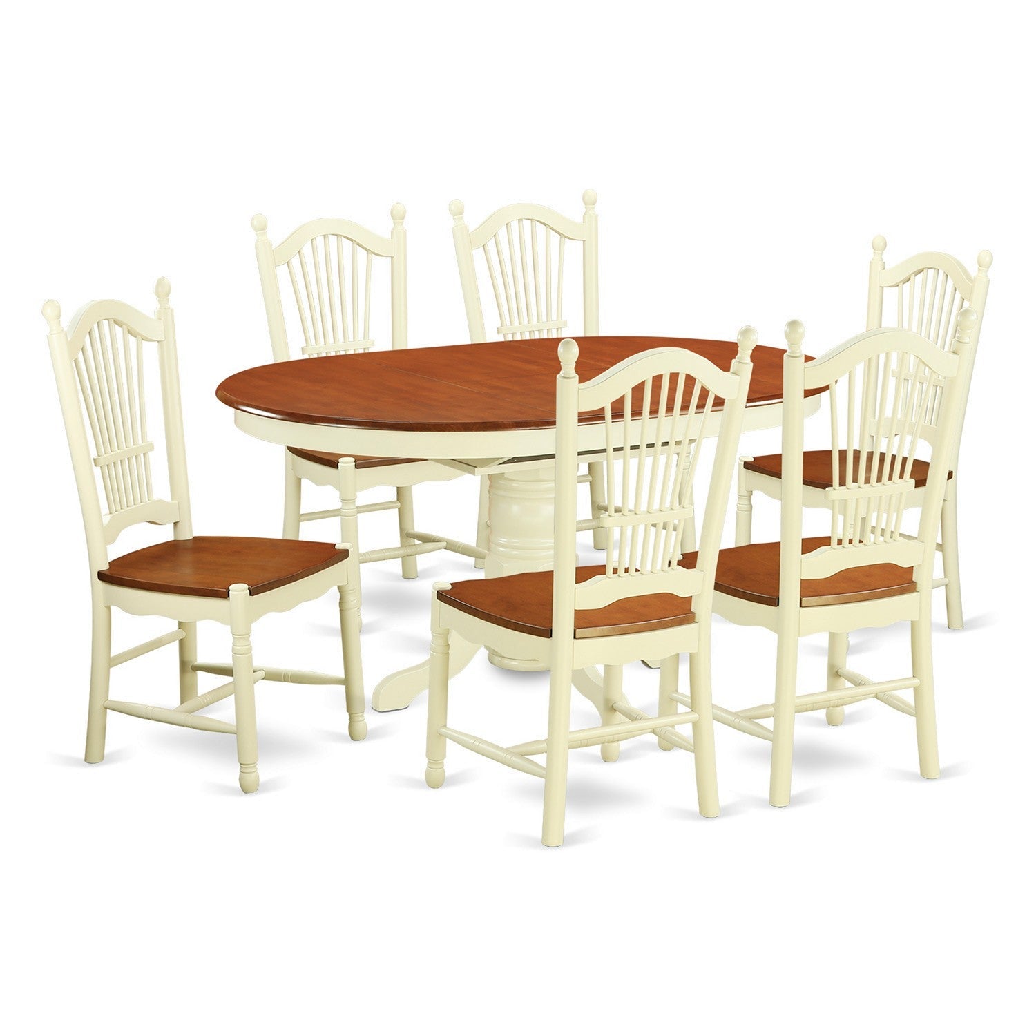 Juego de mesa de comedor moderna de 7 piezas East West Furniture AVDO7-WHI-W. Incluye una mesa ovalada de madera con hojas de mariposa y 6 sillas de comedor.