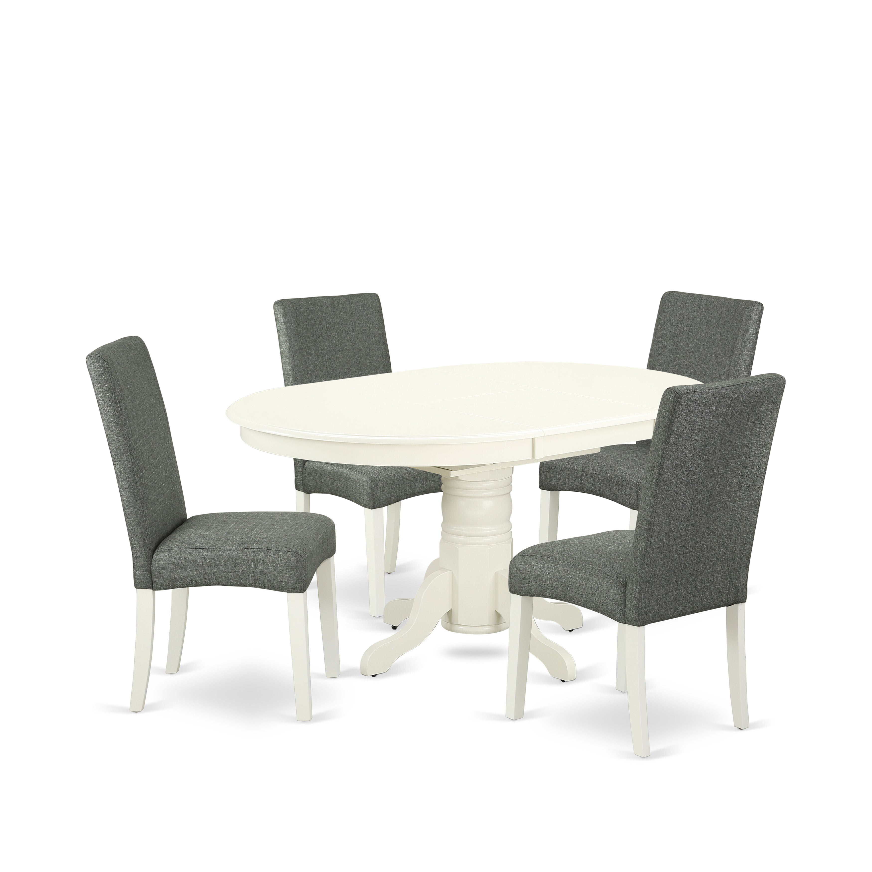 Juego de comedor East West Furniture AVDR5-LWH-07 de 5 piezas para 4 personas. Incluye una mesa de comedor ovalada con diseño de hojas de mariposa y 4 sillas de comedor Parson de tela de lino gris.
