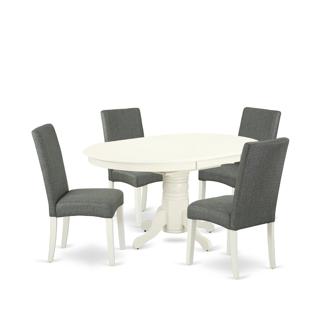 Juego de comedor East West Furniture AVDR5-LWH-07 de 5 piezas para 4 personas. Incluye una mesa de comedor ovalada con diseño de hojas de mariposa y 4 sillas de comedor Parson de tela de lino gris.