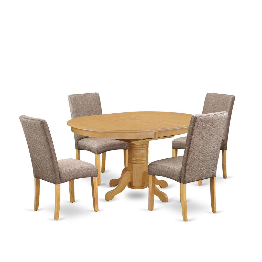 El juego de mesa de comedor de 5 piezas East West Furniture AVDR5-OAK-16 incluye una mesa de cocina ovalada con hojas de mariposa y 4 sillas de comedor Parson de tela de lino color caqui oscuro.