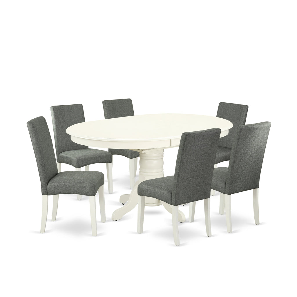 Juego de comedor de 7 piezas East West Furniture AVDR7-LWH-07 compuesto por una mesa de comedor ovalada con hojas de mariposa y 6 sillas de comedor Parson de tela de lino gris.