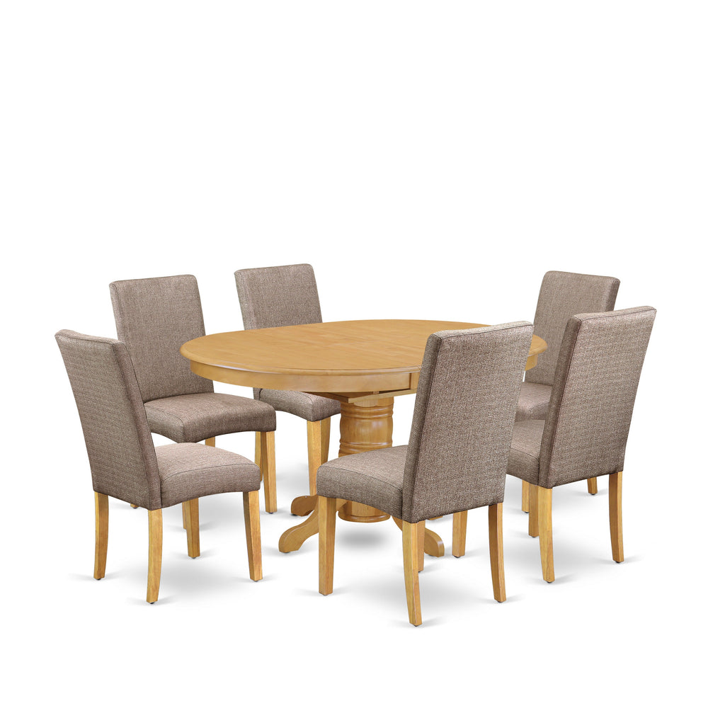 Juego de mesa de comedor de 7 piezas East West Furniture AVDR7-OAK-16 compuesto por una mesa de comedor ovalada con hojas de mariposa y 6 sillas tapizadas en tela de lino color caqui oscuro.